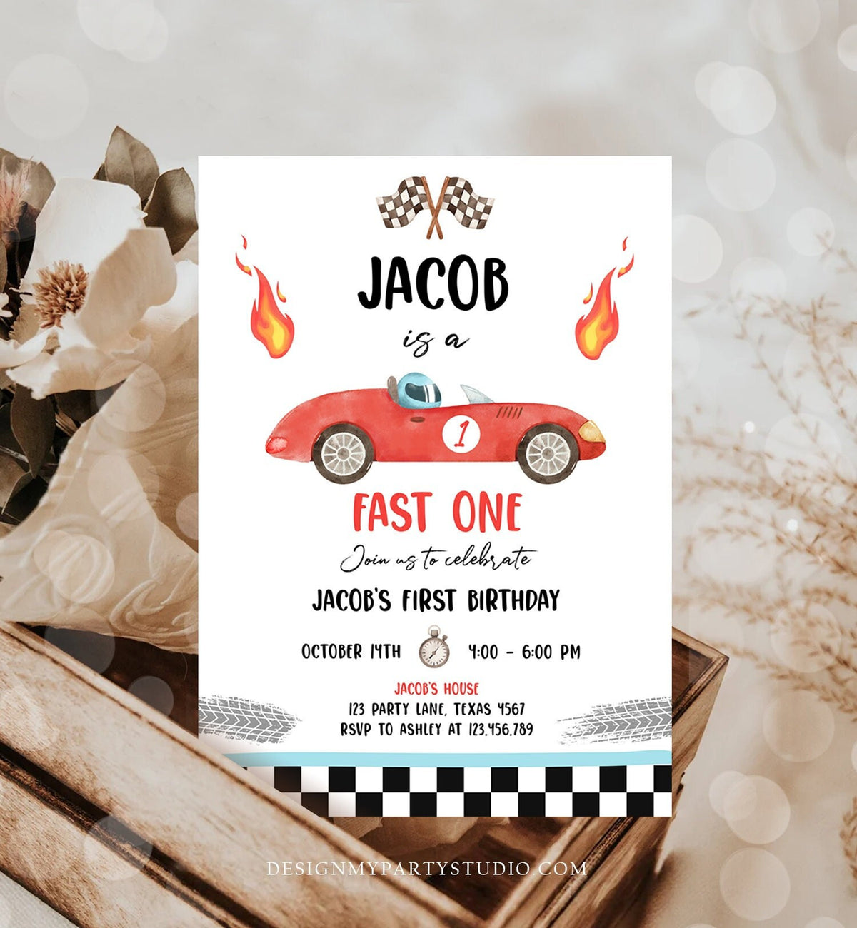 Editable Race Car 1st Birthday Invitation Fast One Invite First Birthday Racing Party Boy Download Printable Template Digital Corjl 0424