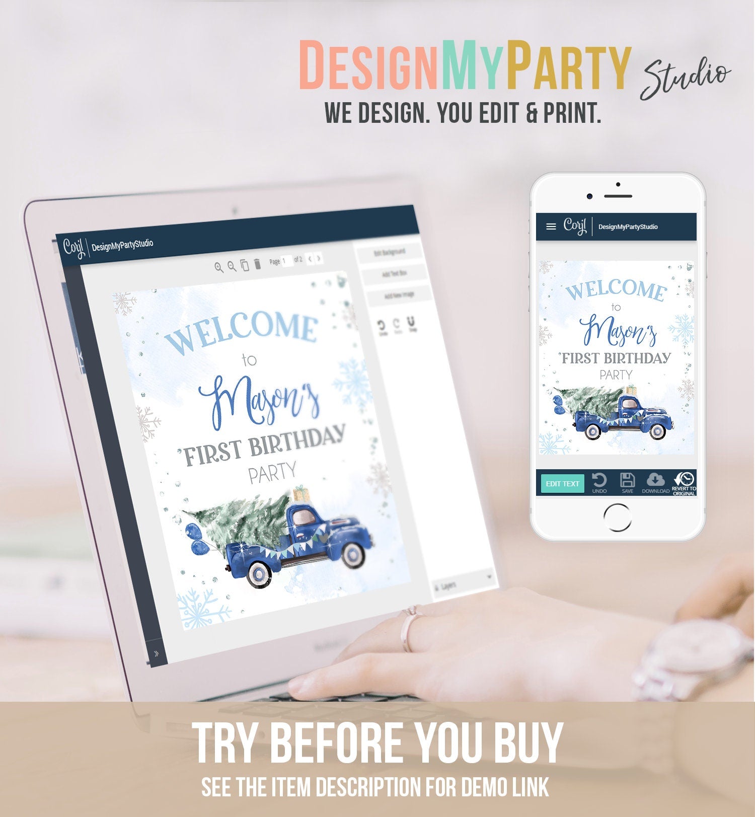 Editable Winter Truck Welcome Sign Onederland Blue Truck Watercolor Boy First Birthday Snowflake Wonderland Corjl Template Printable 0495