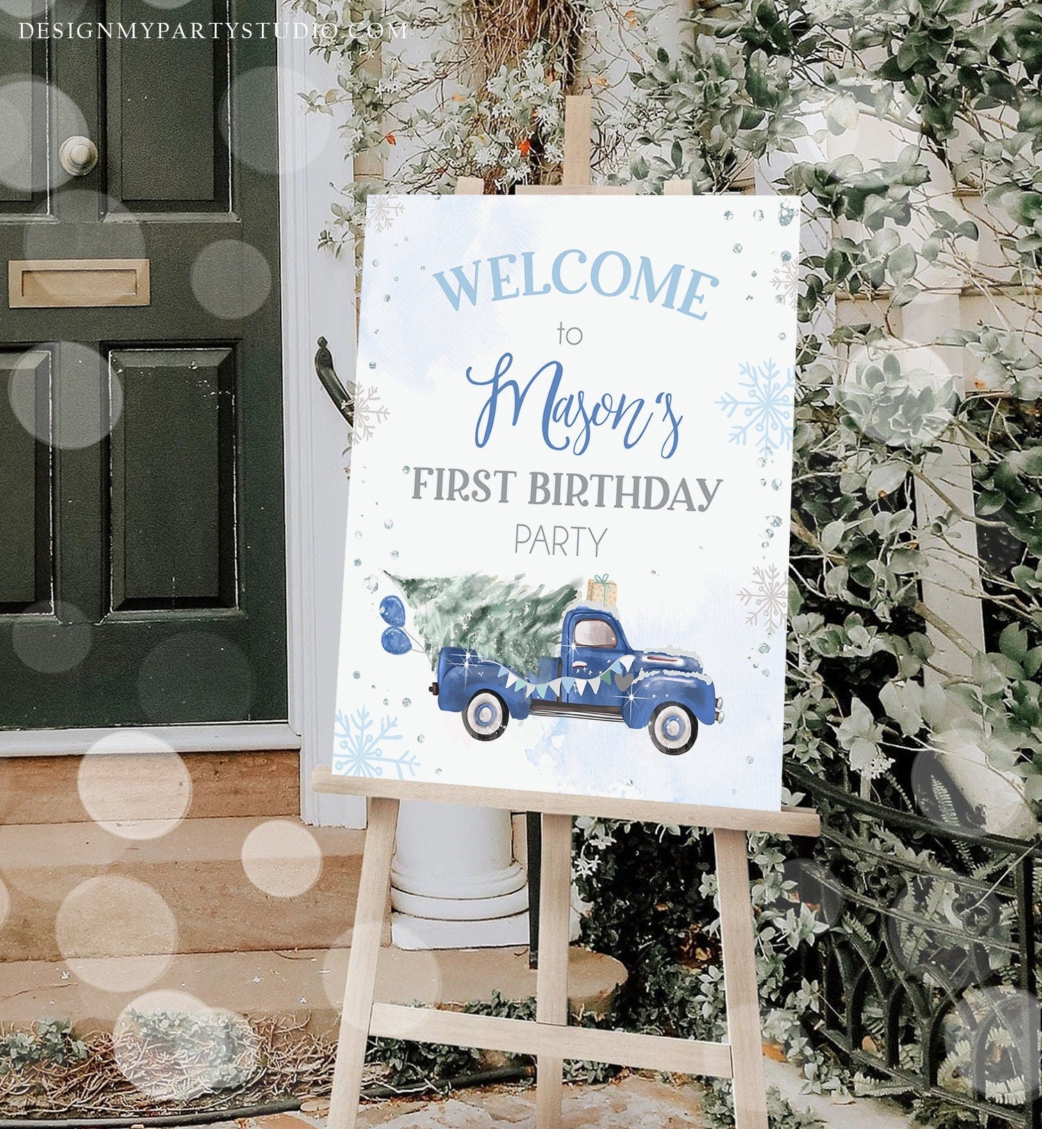 Editable Winter Truck Welcome Sign Onederland Blue Truck Watercolor Boy First Birthday Snowflake Wonderland Corjl Template Printable 0495