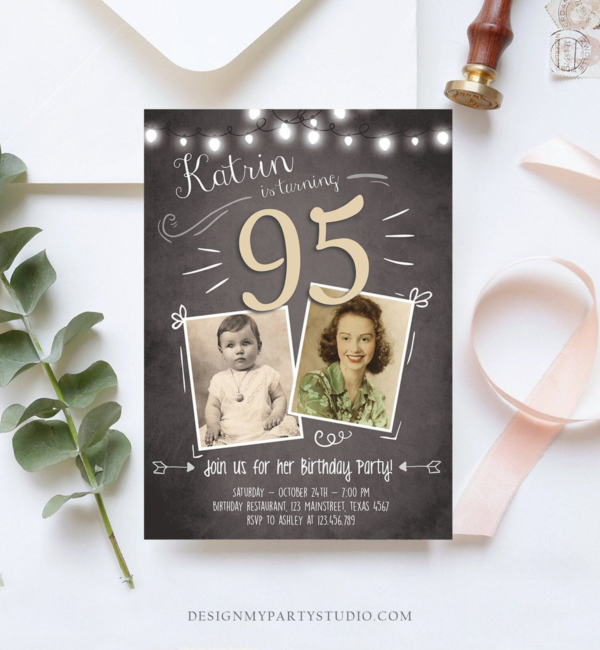 Editable 95th Birthday Invitation ANY AGE Chalkboard Rustic Adult Ninety Five Photo Vintage Fifth Jubilee Anniversary Corjl Template 0230