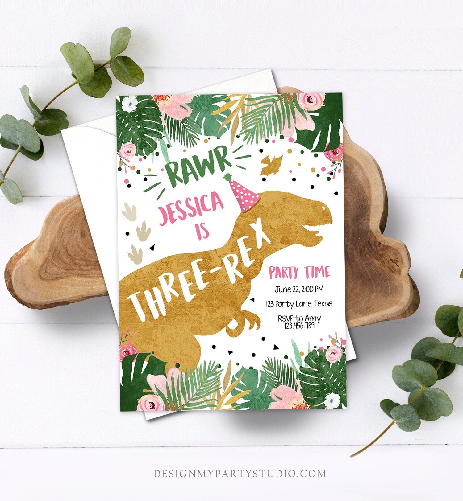 Editable Three-Rex Dinosaur Birthday Invitation Third Birthday 3rd Dino T-Rex Prehistoric Rawr Girl Pink Gold Corjl Template Printable 0146