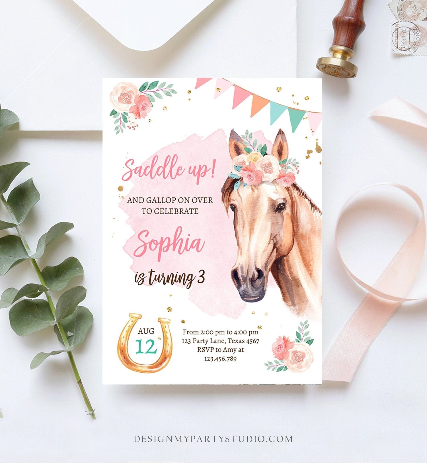 Editable Horse Birthday Invitation Girl Saddle Up Watercolor Cowgirl Party Horse Pony Pink Digital Download Evite Template Printable 0398