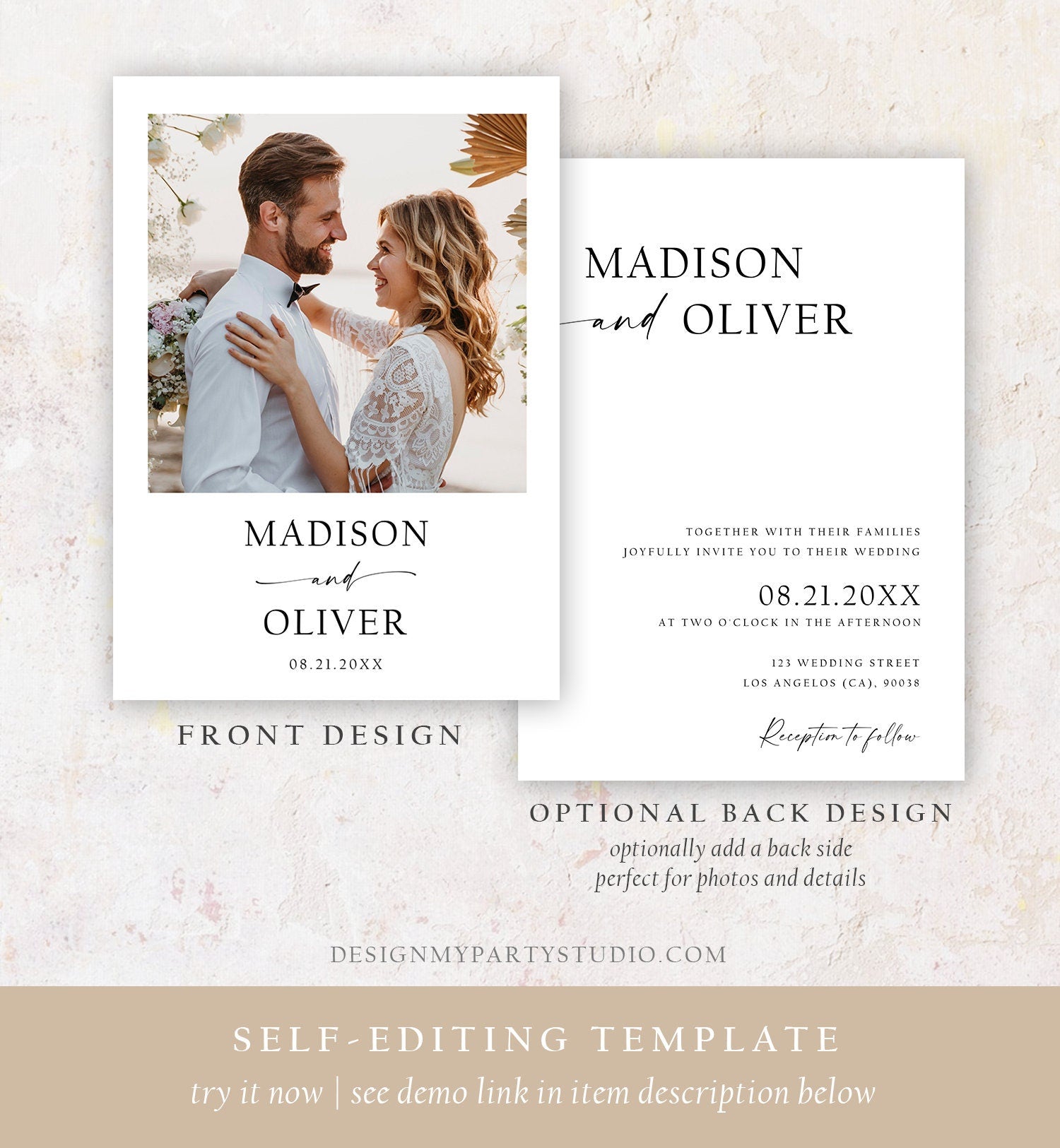 Editable Minimalist Modern Wedding Invitation Suite RSVP Card Details Card Photo Boho Rustic Modern Calligraphy Template Printable 0493