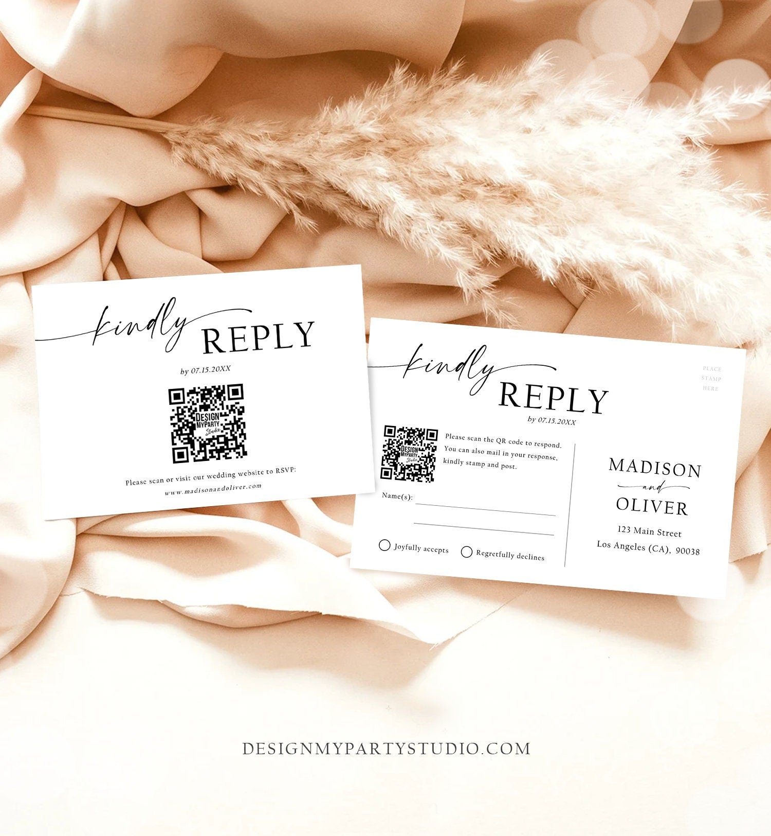 Editable Minimalist Modern Wedding RSVP Card RSVP Online QR Code Response Card Boho Rustic Modern Calligraphy Template Printable 0493