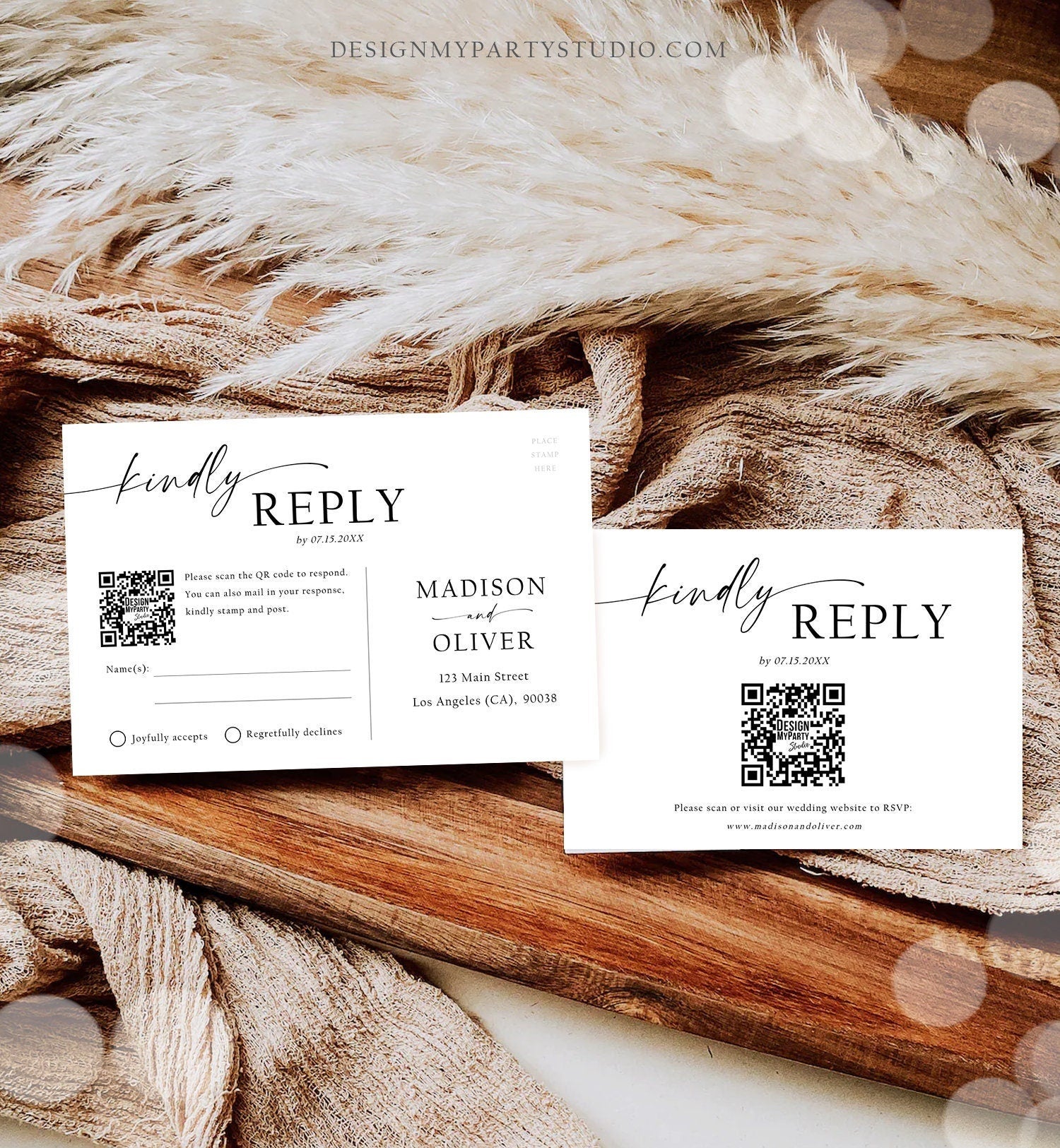 Editable Minimalist Modern Wedding RSVP Card RSVP Online QR Code Response Card Boho Rustic Modern Calligraphy Template Printable 0493