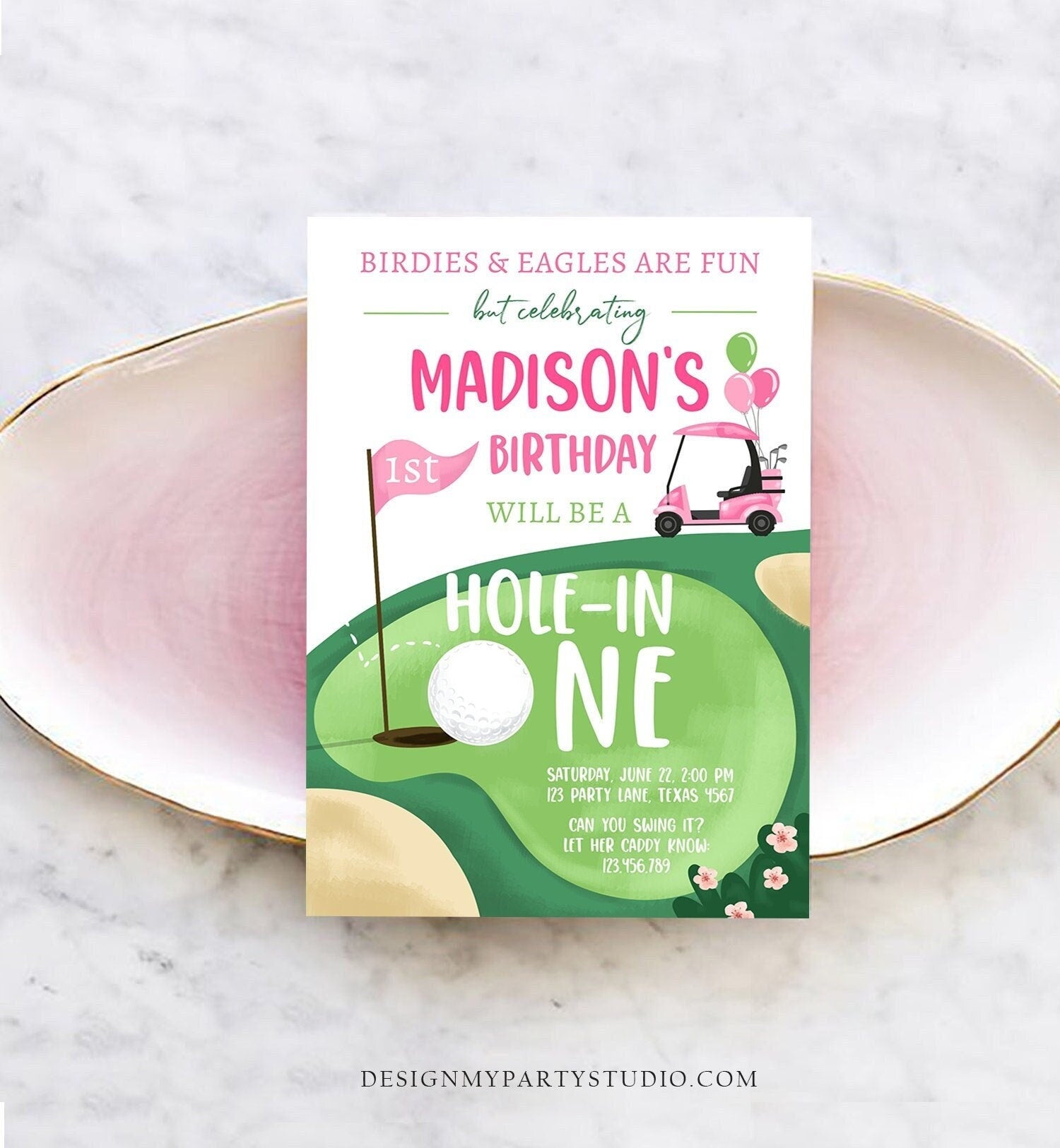 Editable Hole in One Birthday Invitation Golf First Birthday Par-tee Golf Invite Girl Golfing Download Printable Template Digital Corjl 0405