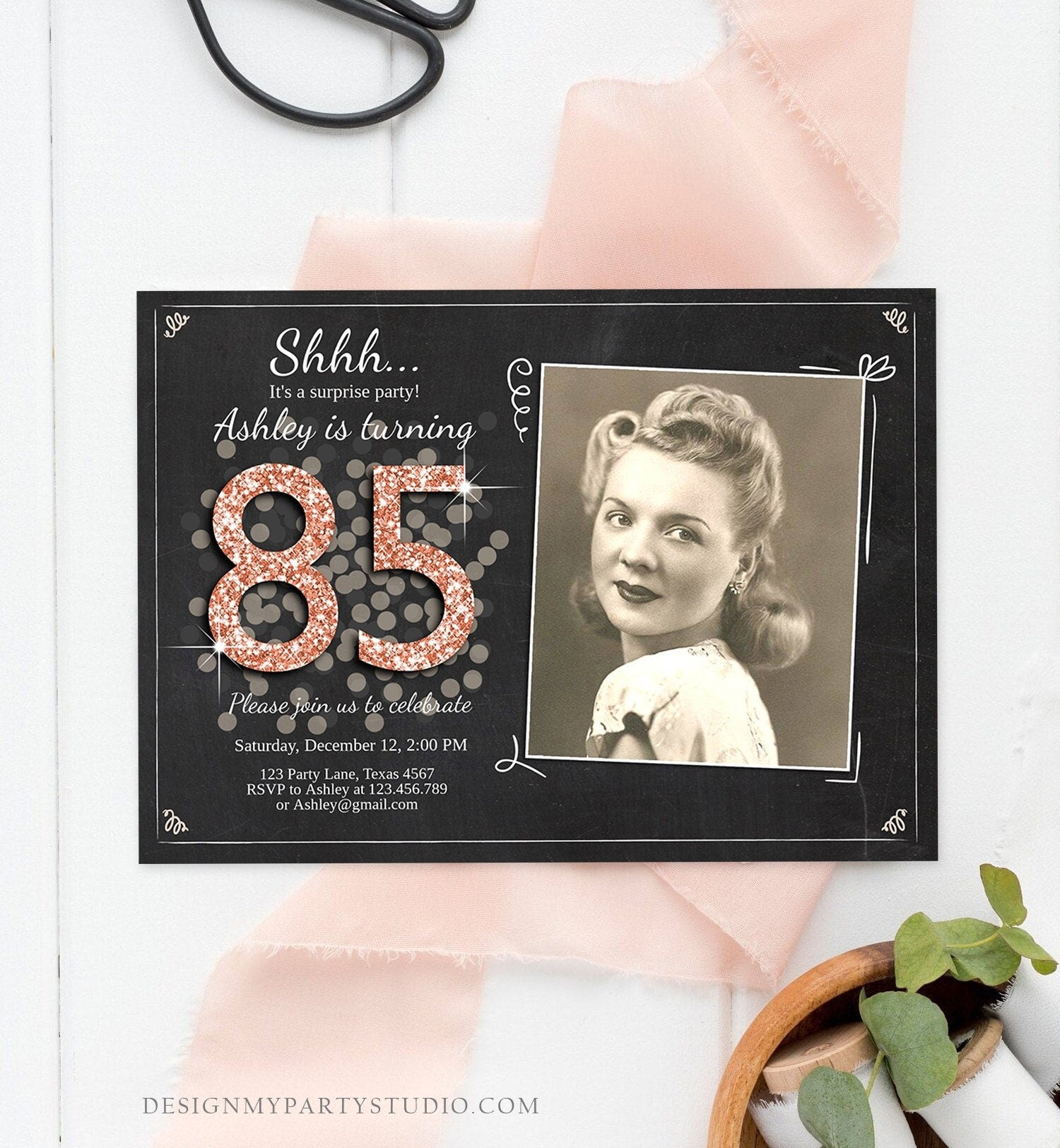 Editable ANY AGE Surprise Birthday Invitation Adult 85th Party Rustic Chalk Rose Gold Glitter Photo Download Corjl Template Printable 0103