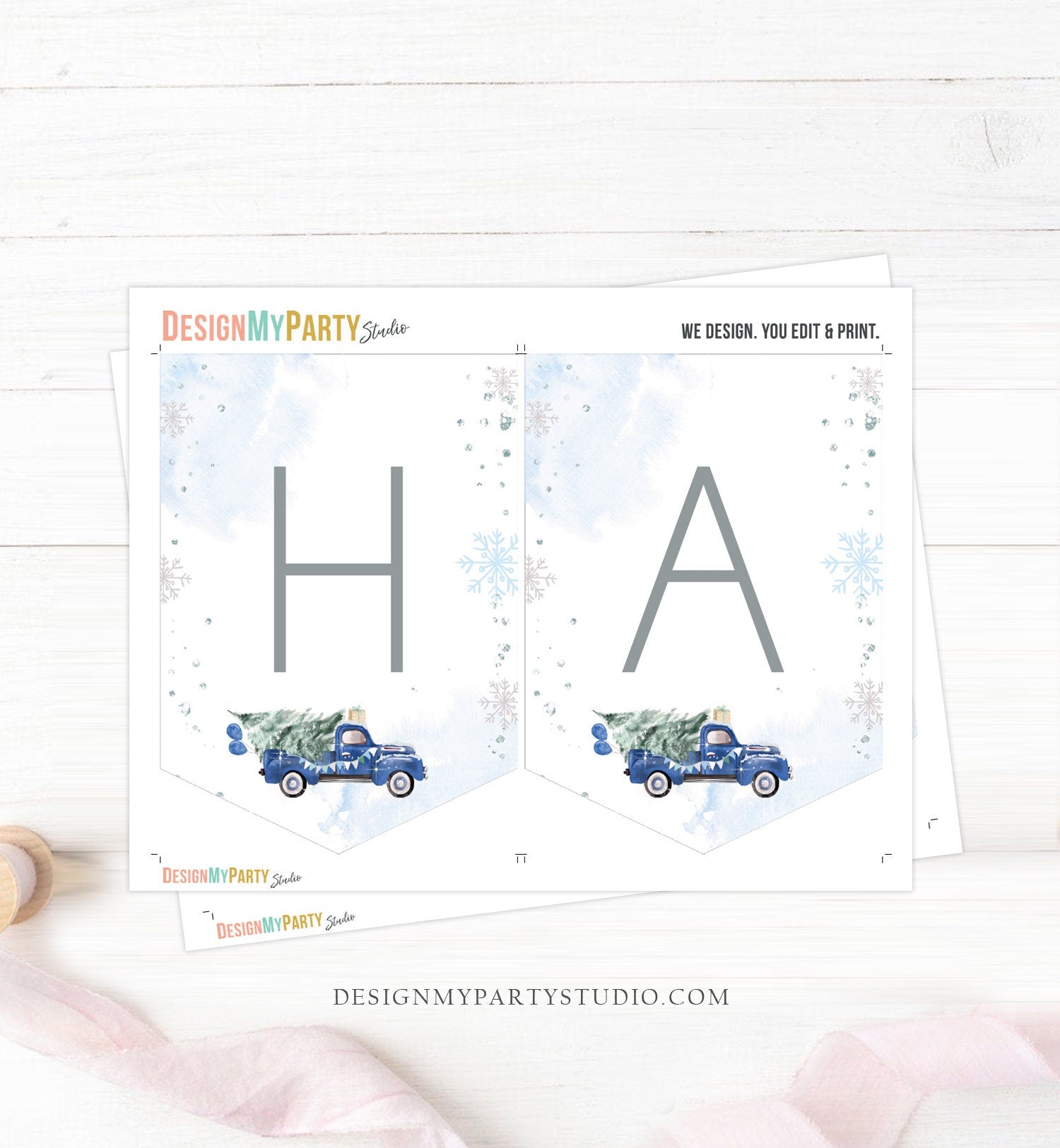 Happy Birthday Banner Winter Truck Blue Boy Birthday Winter Onederland Decor Christmas Tree Watercolor Download PRINTABLE DIGITAL DIY 0495