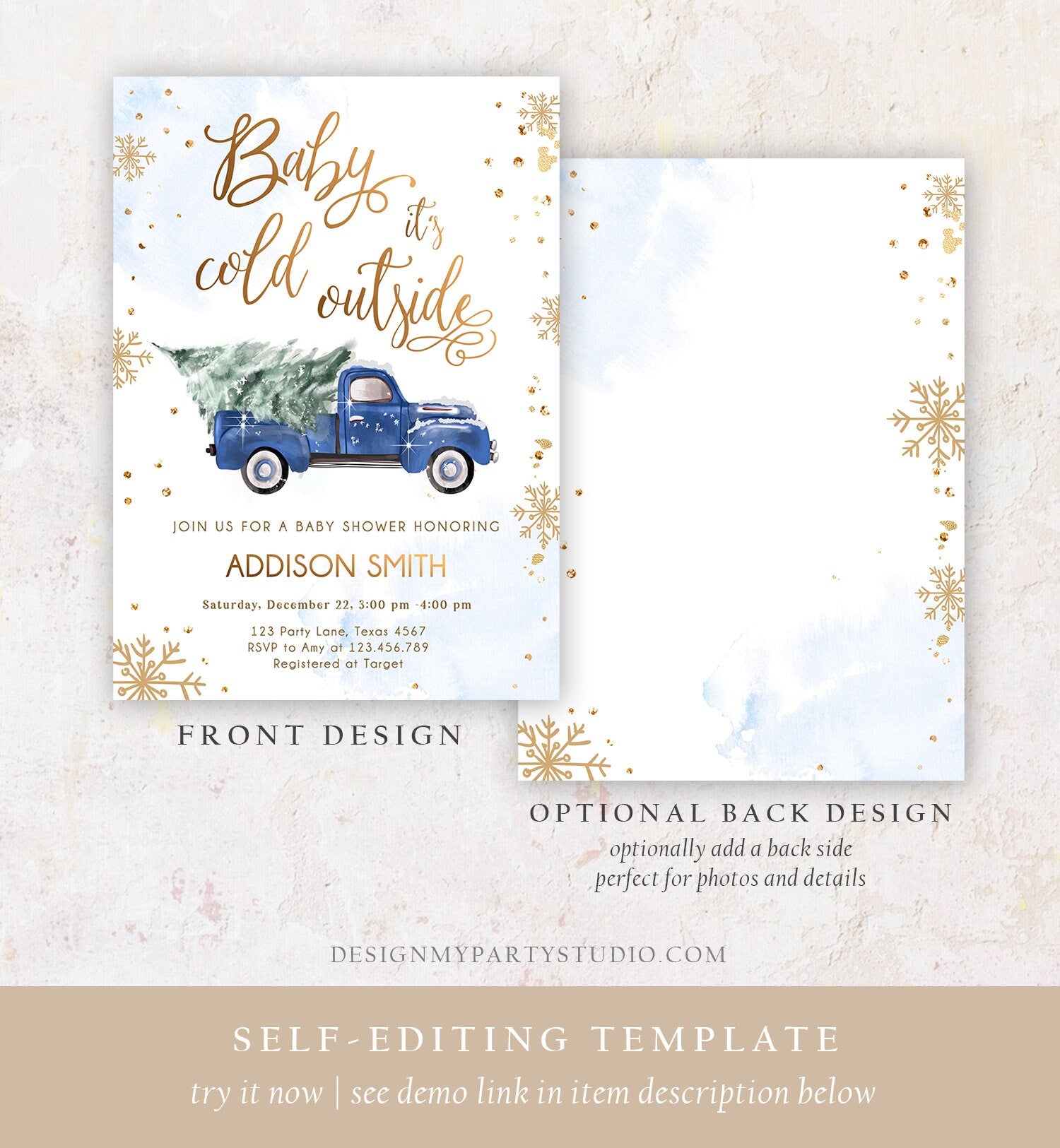 Editable Baby Its Cold Outside Baby Shower Invitation Winter Truck Blue Boy Baby Shower Gold Watercolor Tree Template Download Corjl 0495