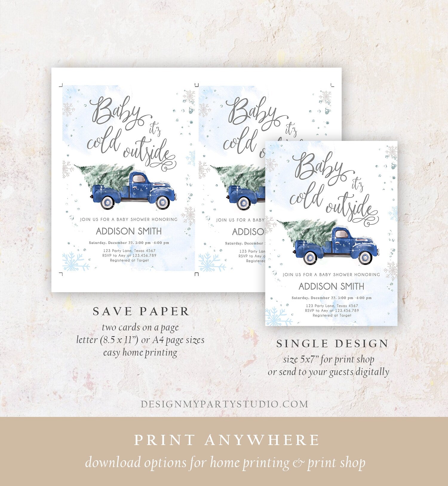 Editable Baby Its Cold Outside Baby Shower Invitation Winter Truck Blue Boy Baby Shower Silver Watercolor Tree Template Download Corjl 0495