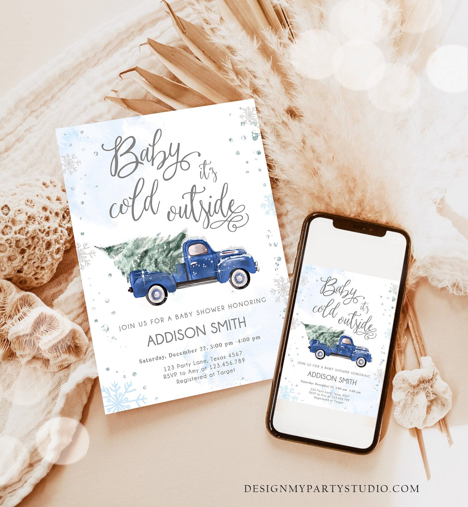 Editable Baby Its Cold Outside Baby Shower Invitation Winter Truck Blue Boy Baby Shower Silver Watercolor Tree Template Download Corjl 0495