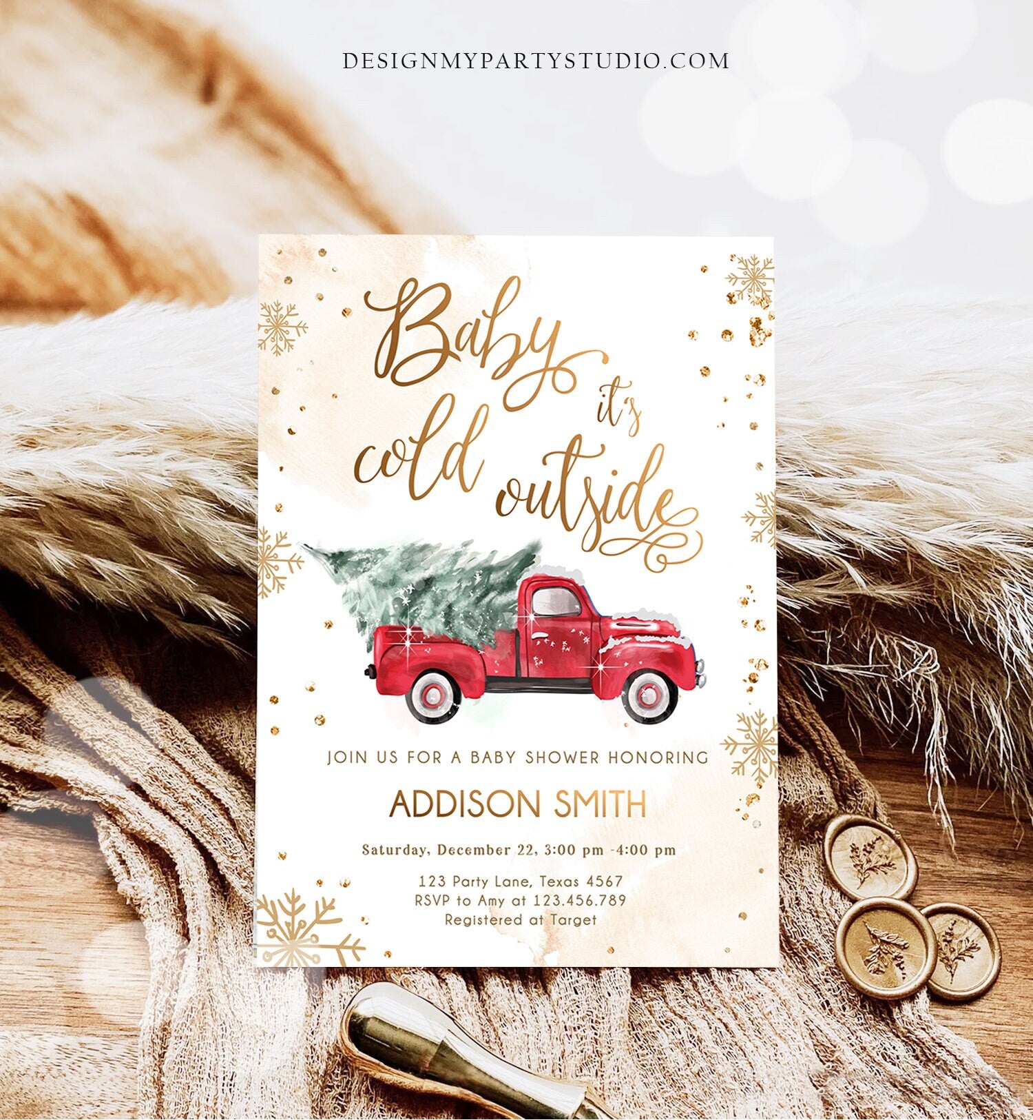 Editable Baby Its Cold Outside Baby Shower Invitation Winter Truck Red Gender Neutral Baby Shower Gold Tree Template Download Corjl 0495