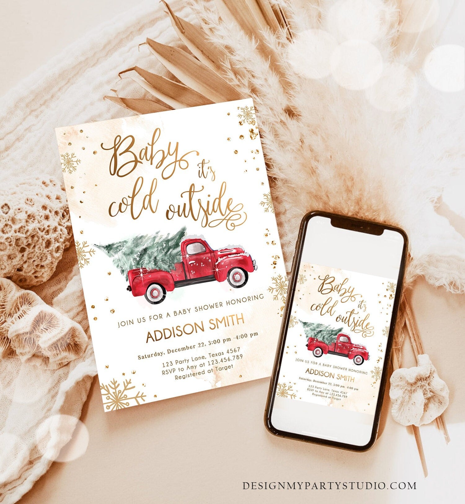 Editable Baby Its Cold Outside Baby Shower Invitation Winter Truck Red Gender Neutral Baby Shower Gold Tree Template Download Corjl 0495