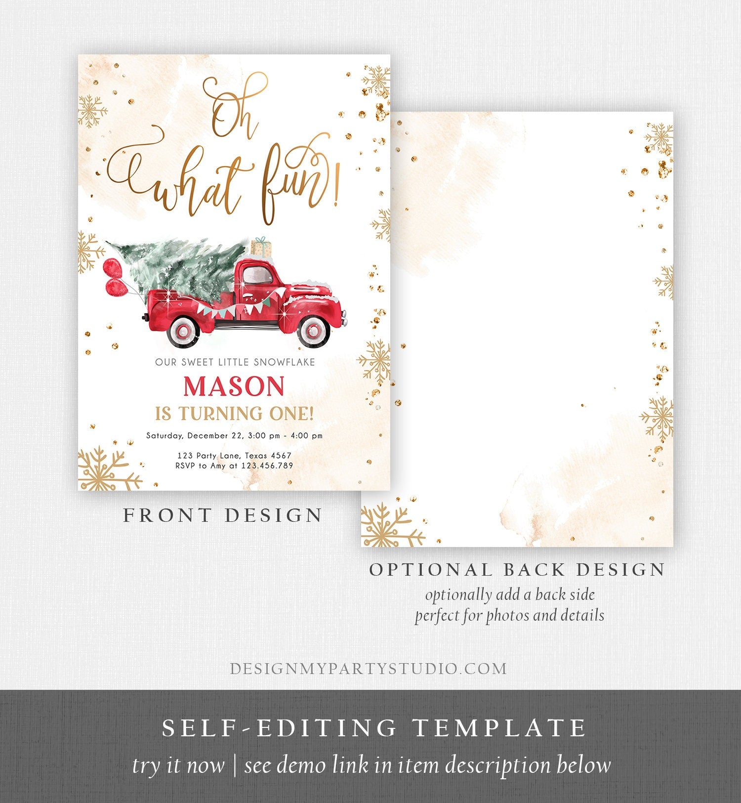 Editable Oh What Fun! Holiday 1st Winter Birthday Invitation Winter Truck Boy Christmas Party Red Truck Gold Printable Template DIY 0495