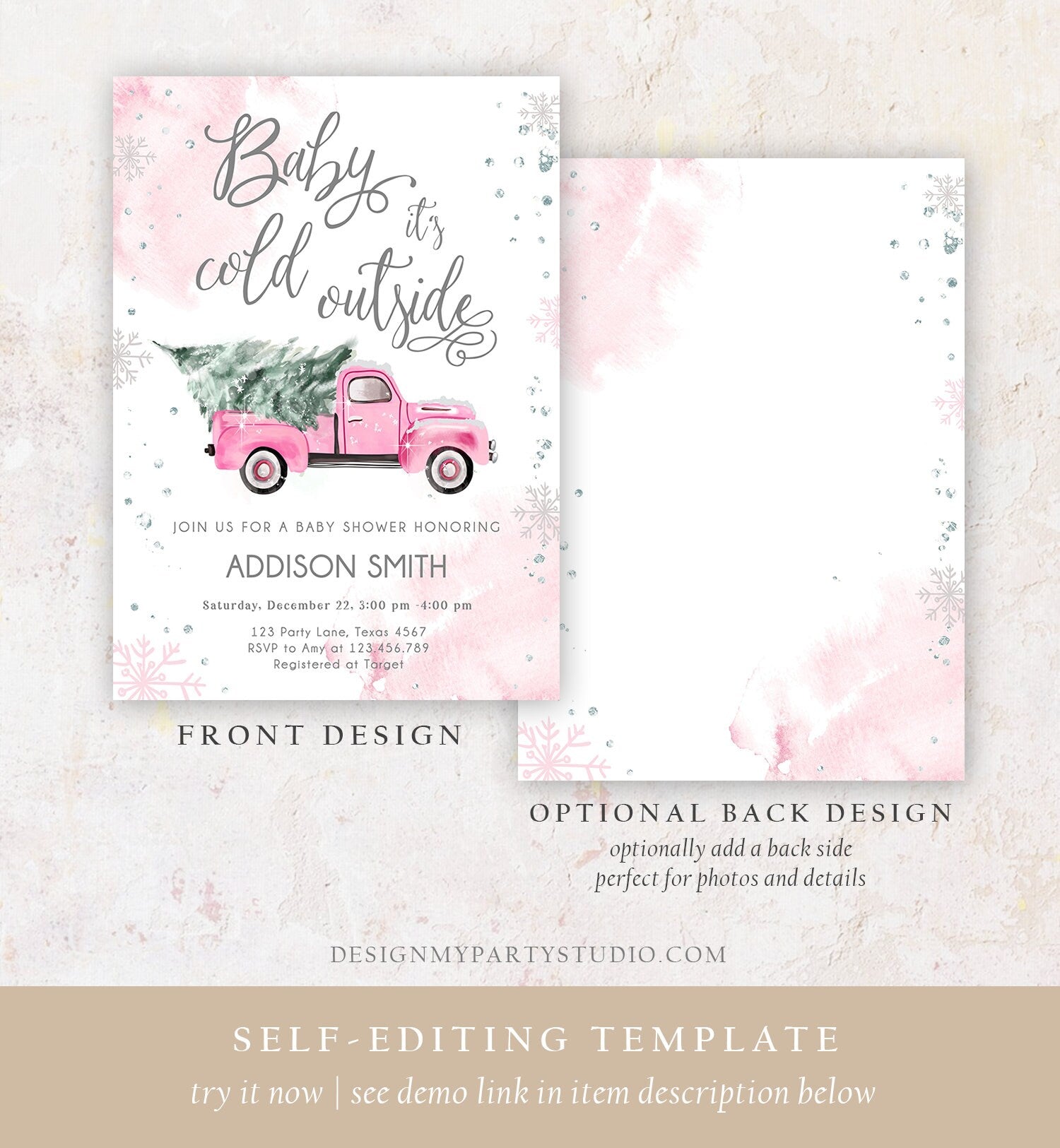 Editable Baby Its Cold Outside Baby Shower Invitation Winter Truck Pink Girl Baby Shower Silver Watercolor Tree Template Download Corjl 0495