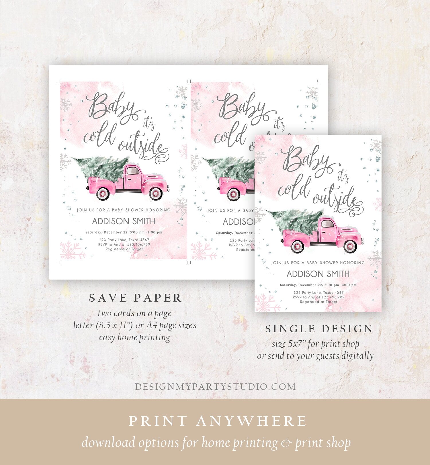 Editable Baby Its Cold Outside Baby Shower Invitation Winter Truck Pink Girl Baby Shower Silver Watercolor Tree Template Download Corjl 0495