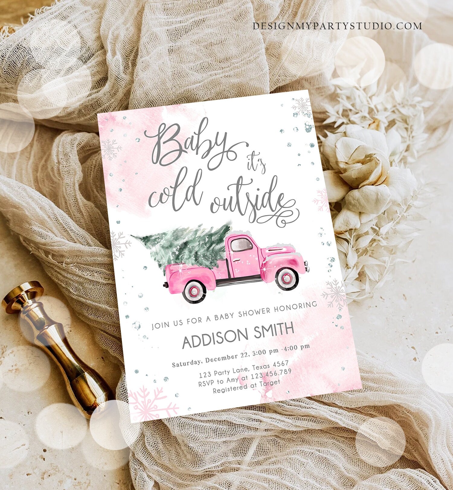 Editable Baby Its Cold Outside Baby Shower Invitation Winter Truck Pink Girl Baby Shower Silver Watercolor Tree Template Download Corjl 0495