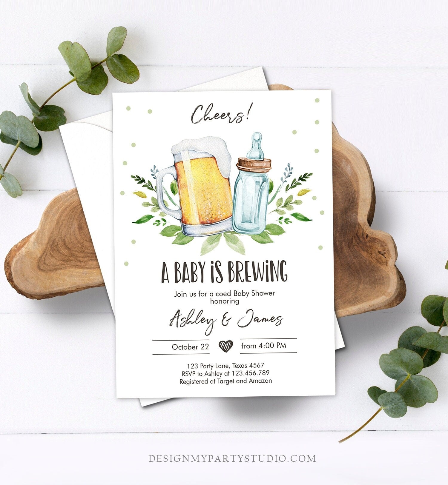 Editable A Baby is Brewing Invitation Bottle and Beers Baby Shower Cheers Coed Couples Shower Download Printable Template Corjl 0190