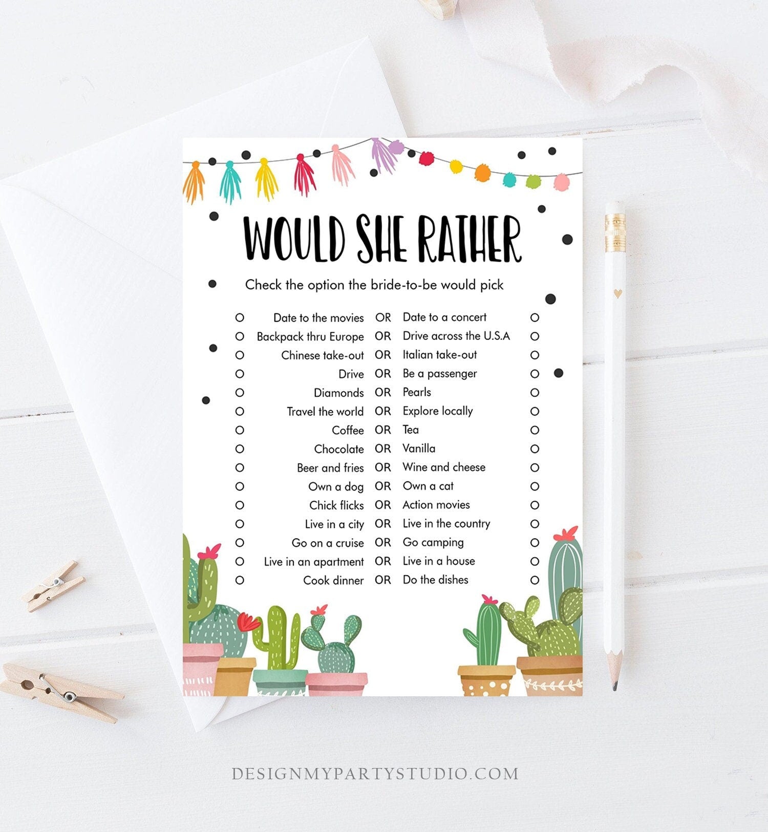 Editable Would She Rather Bridal Shower Game Cactus Fiesta Mexican Coed Shower Succulent Wedding Activity Corjl Template Printable 0254