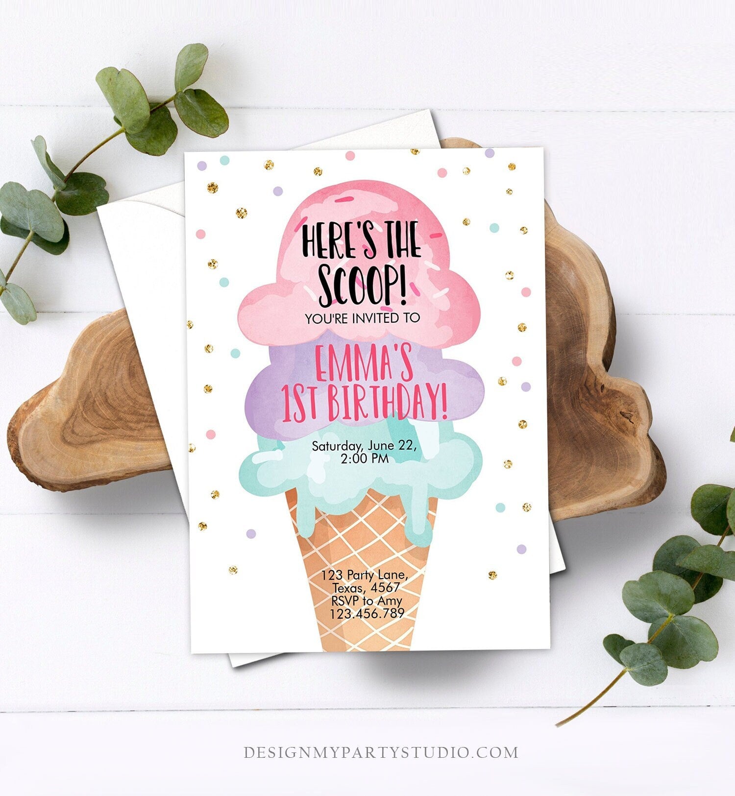 Editable Ice Cream Birthday Invitation First Birthday Party Here's the Scoop Cone Pink Mint Gold Purple Printable Template Evite 0243