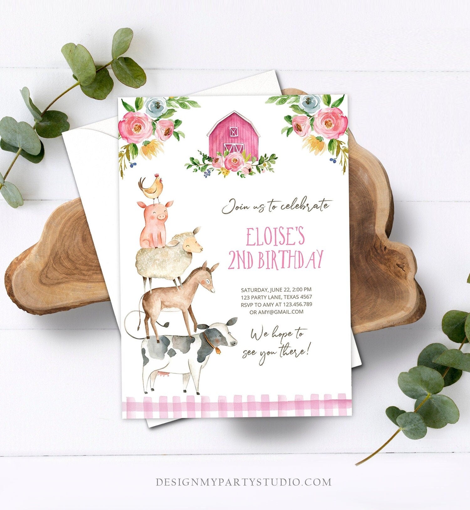 Editable Farm Animals Birthday Invitation Girl Party Animals Pink Floral Barnyard Party Digital Download Corjl Template Printable 0155