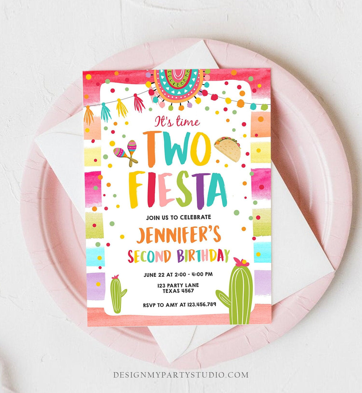 Editable It&#39;s Time Two Fiesta Birthday Invitation Second Birthday 2nd Cactus Mexican Boy Girl Cactus Download Corjl Template Printable 0134