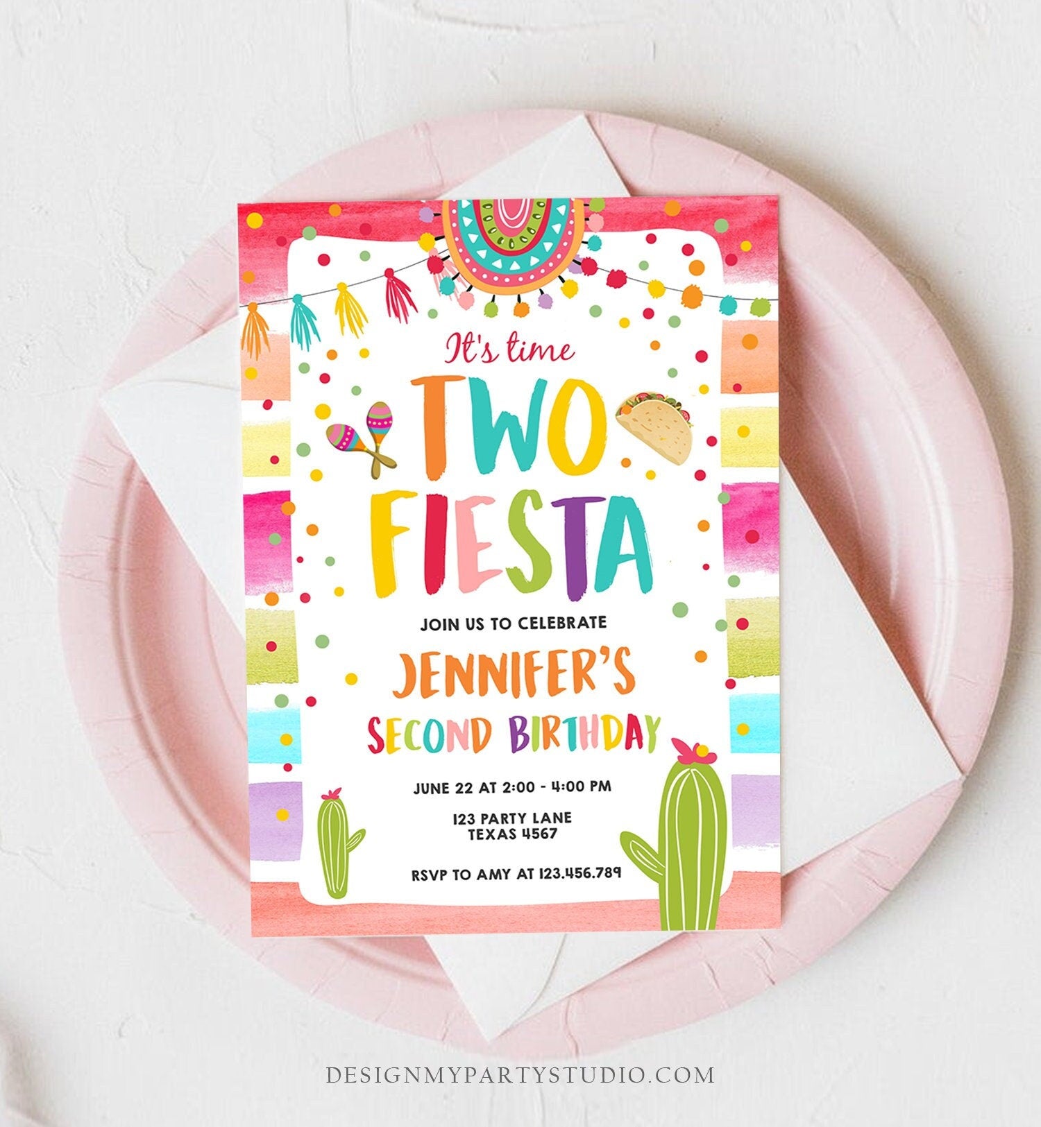 Editable It's Time Two Fiesta Birthday Invitation Second Birthday 2nd Cactus Mexican Boy Girl Cactus Download Corjl Template Printable 0134