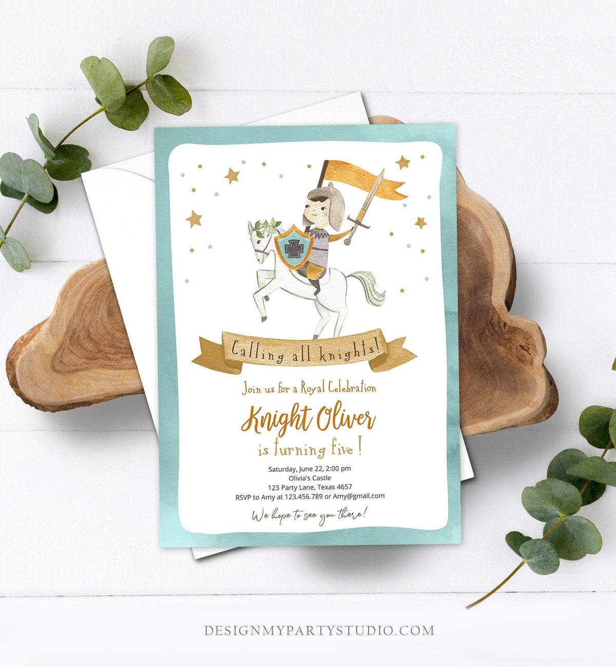 Editable Knight Birthday Invitation Boy Royal Birthday Once Upon a Time Knight Dragon Castle Blue Medieval Template Corjl Printable 0171