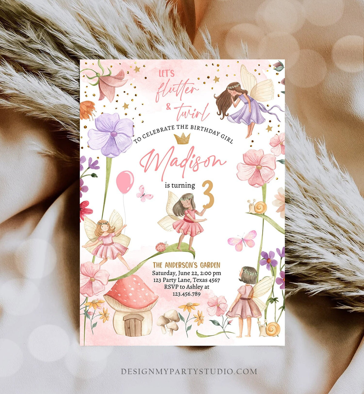 Editable Fairy Birthday Invitation Girl Pink Purple Floral Pixie Fairy Party Whimsical Garden Download Printable Template Corjl Digital 0406