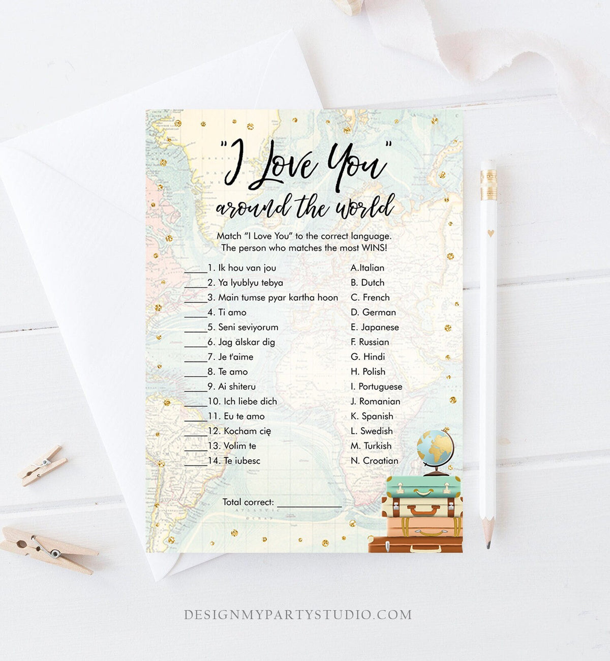 Editable Travel Bridal Shower Game I Love You Around the World Travel Adventure Wedding Activity Bachelorette Corjl Template Printable 0263