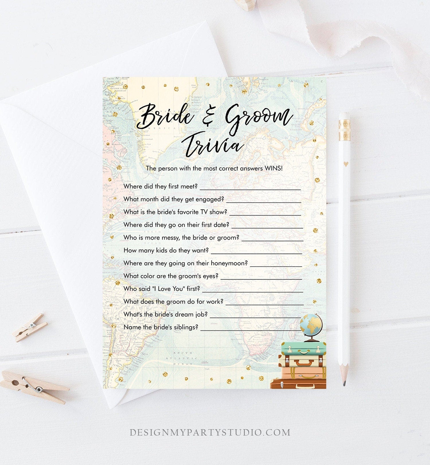 Editable Bride and Groom Trivia Bridal Shower Game Travel Adventure Gold Confetti What Did He or She Said Download Corjl Printable 0263