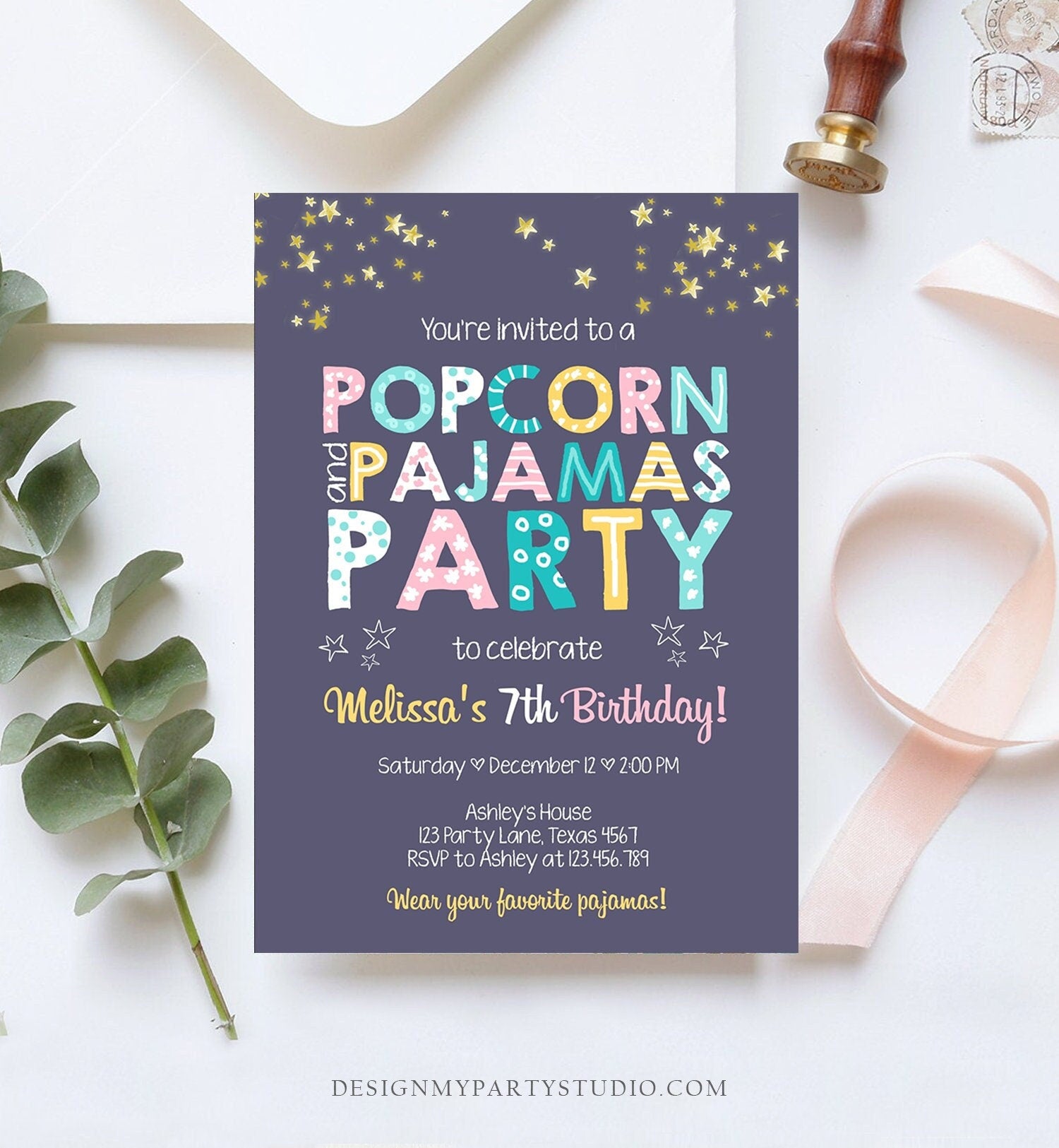 Editable Popcorn and Pajamas Birthday Invitation Movie Night Birthday Party Girl Pink Purple Green Stars Corjl Template Printable 0218