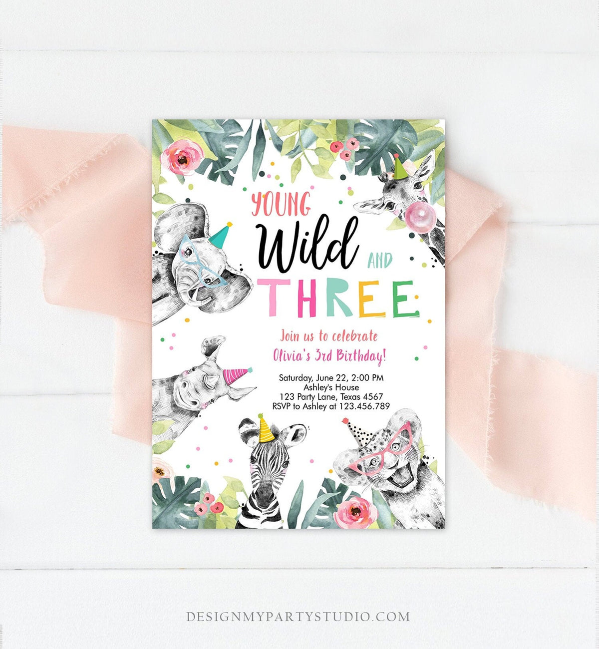 Editable Young Wild and Three Invitation Girl Pink and Gold Safari Animals Zoo Instant Download Printable Template Digital Corjl 0322