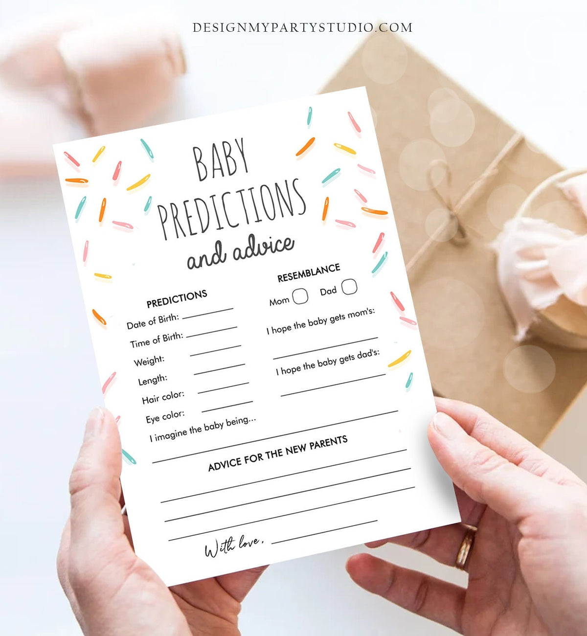 Editable Baby Predictions and Advice for Parents Sprinkle Game Baby Shower Gender Neutral Sprinkles Rainbow Corjl Template Printable 0216