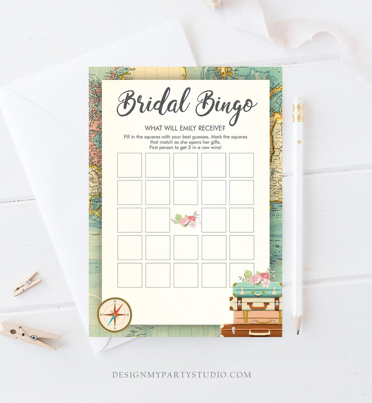 Editable Bridal Bingo Bridal Shower Game Travel Wedding Shower Activity Rustic Suitcases Vintage Map Party Corjl Template Printable 0044