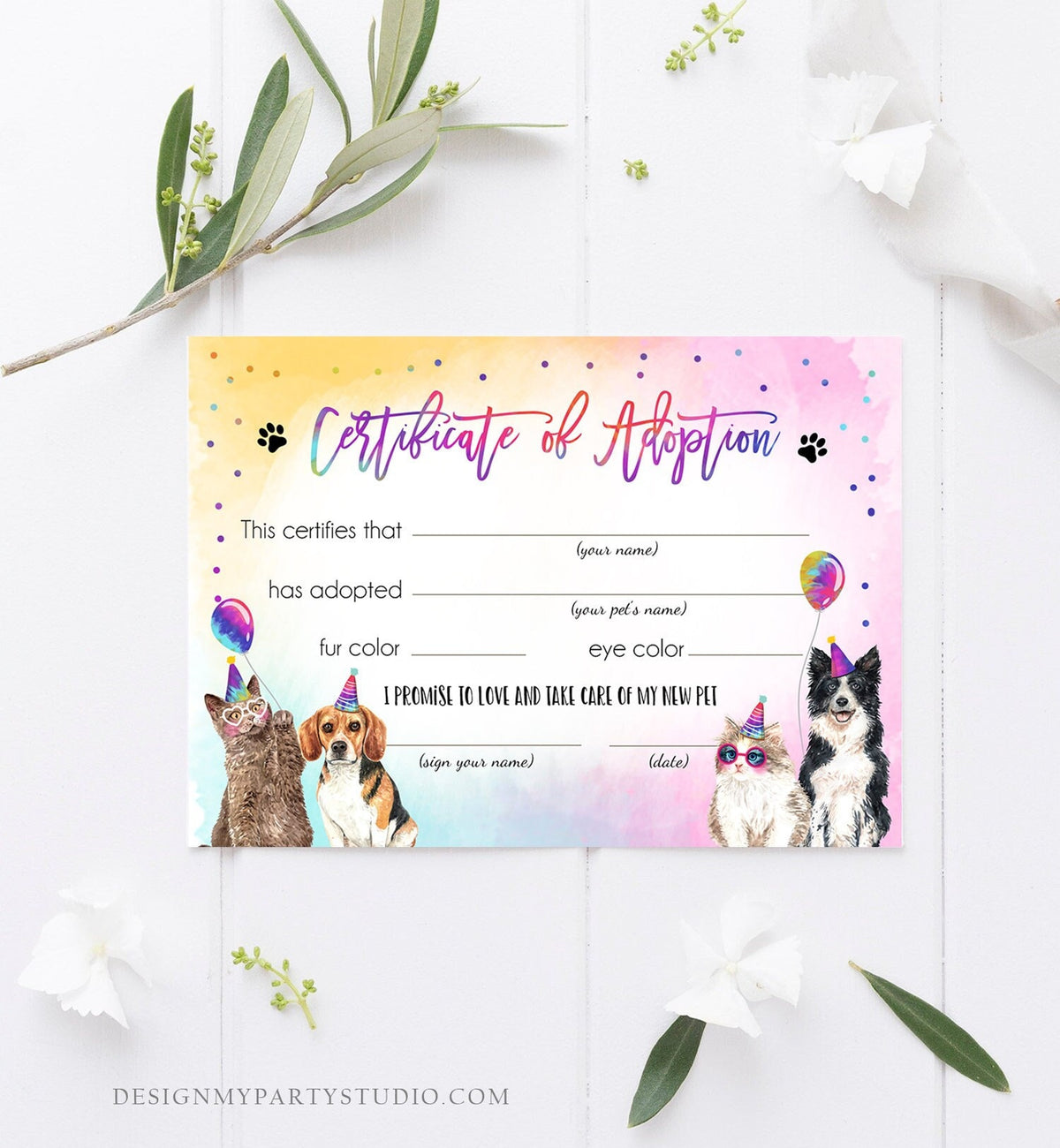 Pet Adoption Certificate Cats and Dogs Birthday Party Adopt A Pet Girl Pawty Kitten Dog Adoption Puppy Party Download Digital PRINTABLE 0460