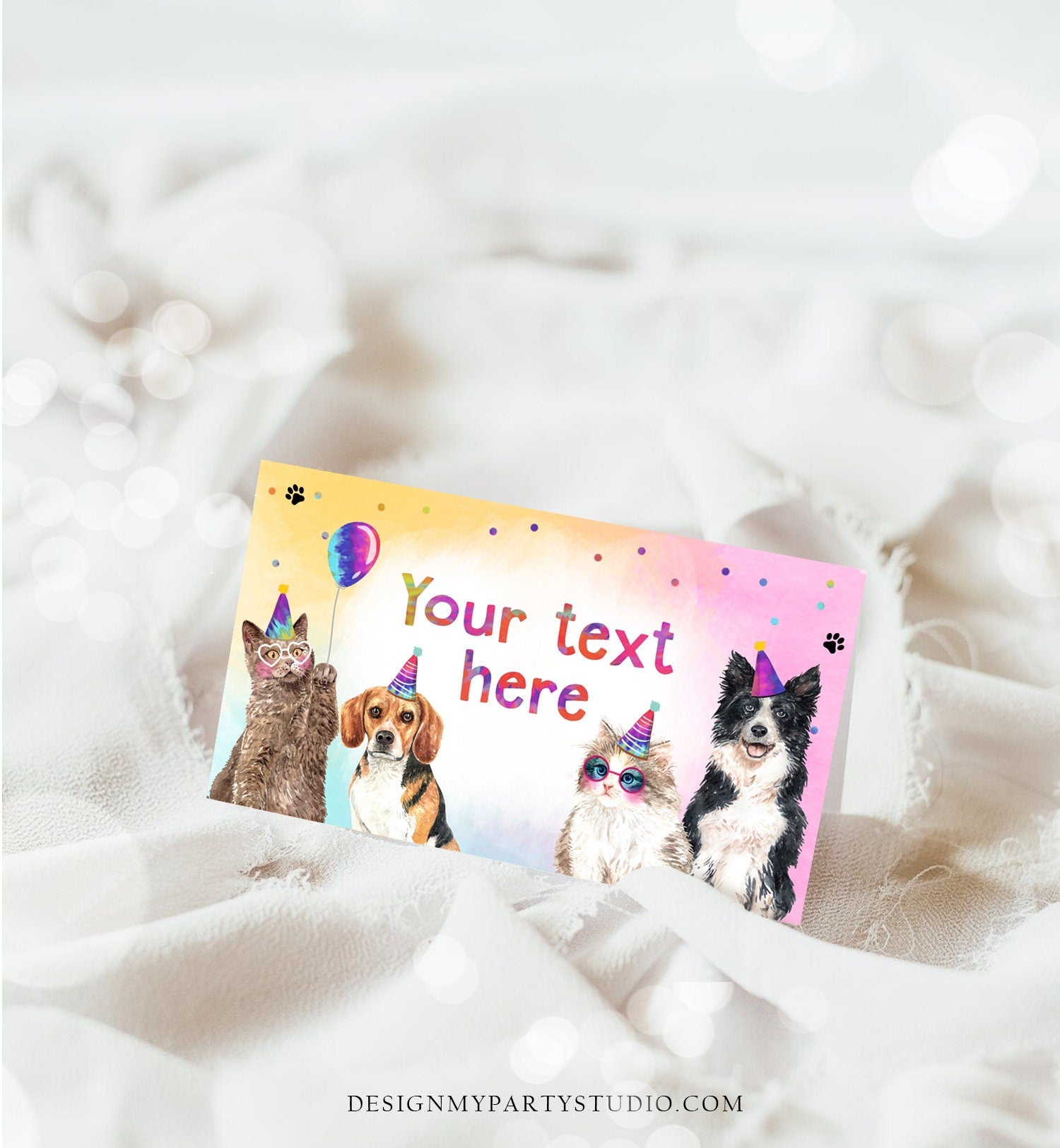 Editable Cats and Dogs Food Labels Kitten Birthday Place Card Tent Card Puppy Dog Pawty Pet Party Animals Girl Printable Template Corjl 0460