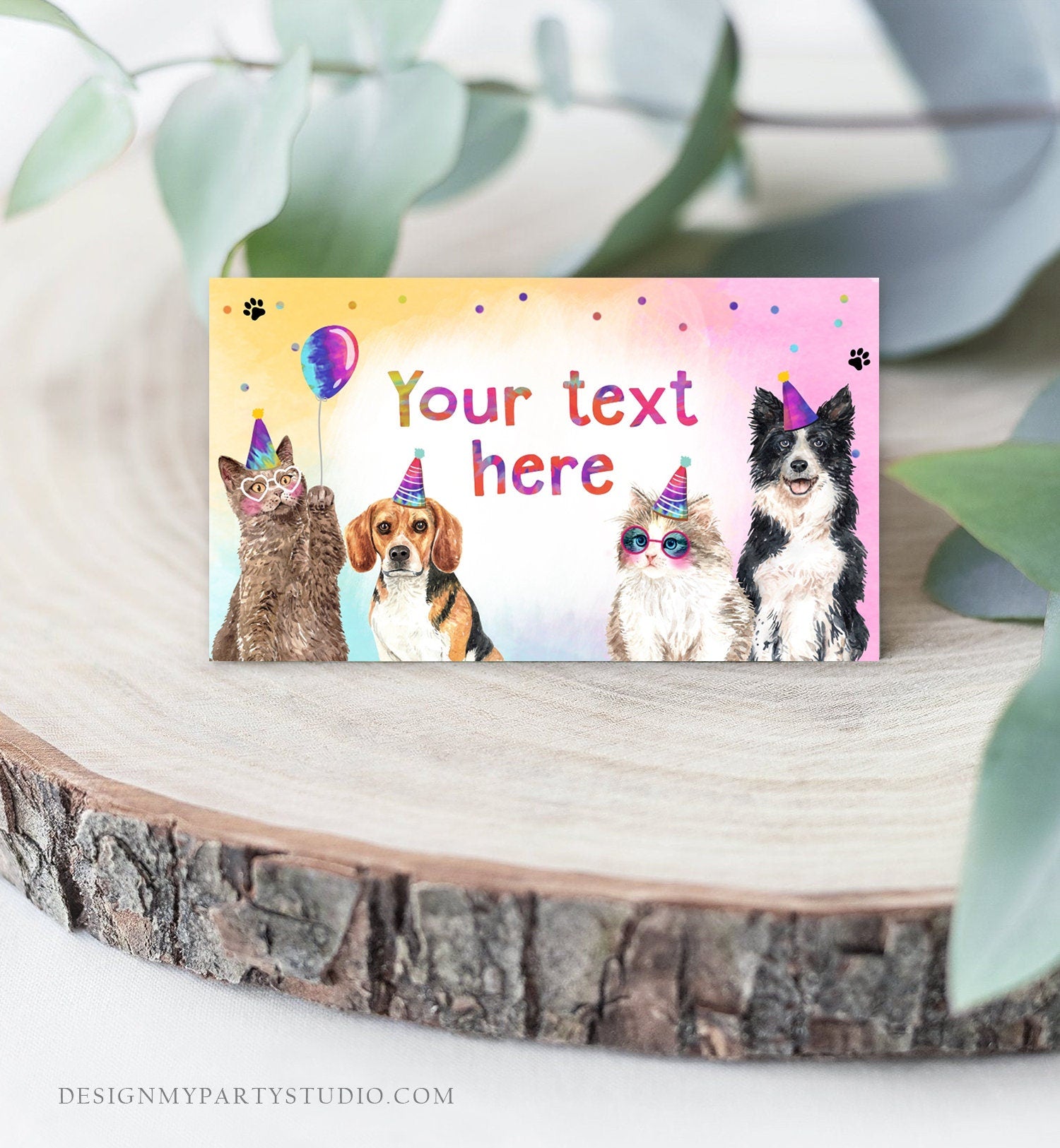 Editable Cats and Dogs Food Labels Kitten Birthday Place Card Tent Card Puppy Dog Pawty Pet Party Animals Girl Printable Template Corjl 0460