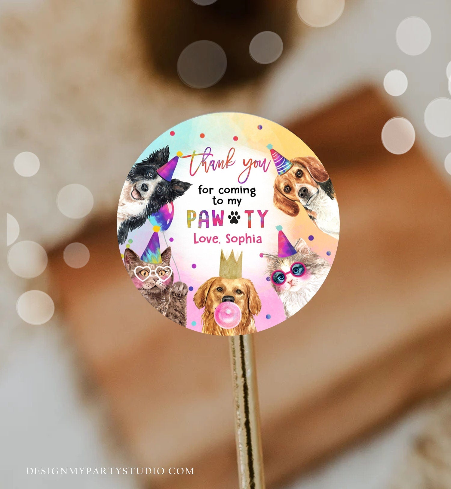 Editable Cats and Dogs Birthday Favor Tags Puppy Birthday Thank you Tag Kitten Pet Party Animals Stickers Digital Template PRINTABLE 0460