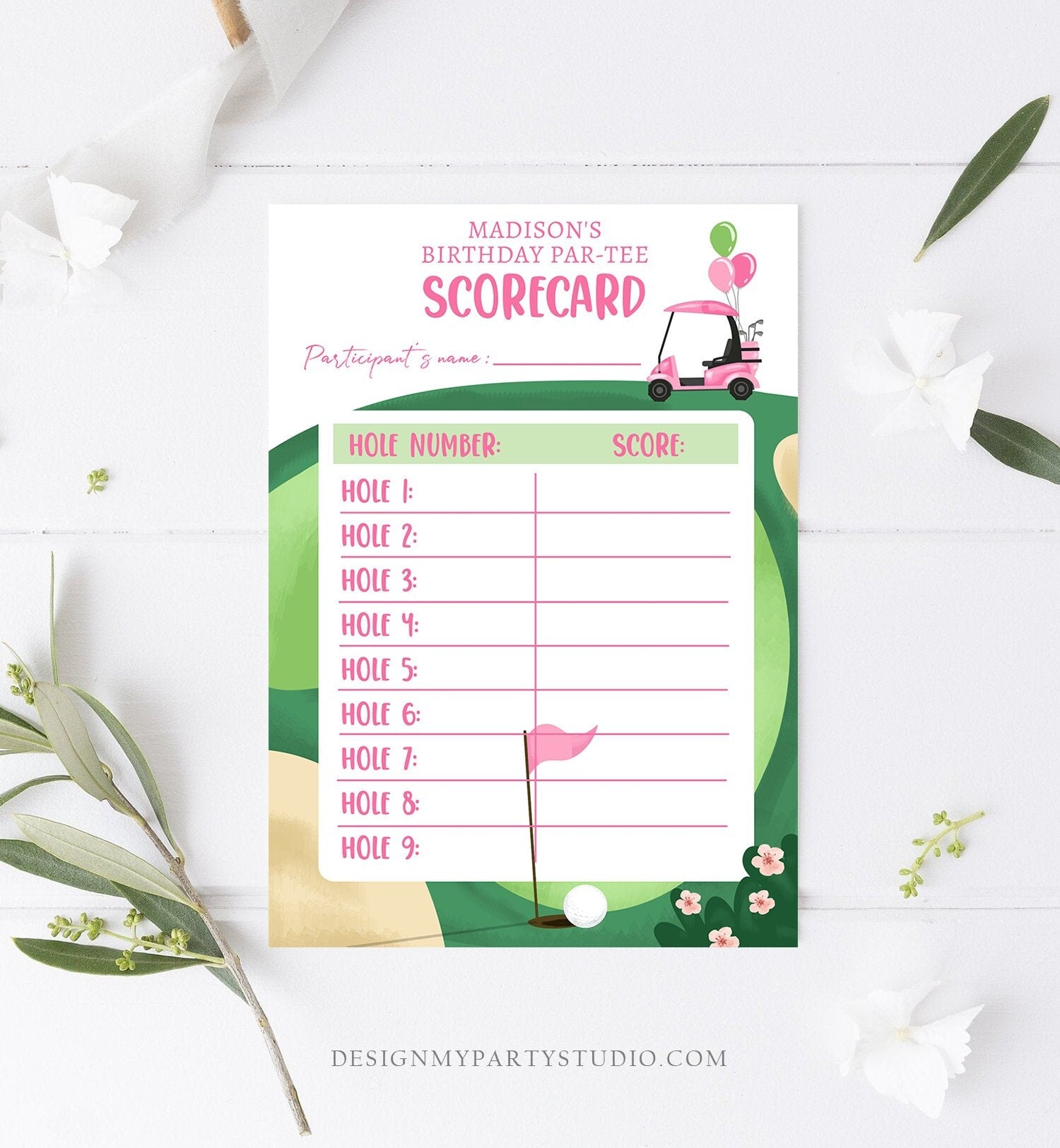 Editable Golf Score Card Birthday Par-tee Game Golfing Girl Pink Golf Baby Shower Activity Download Printable Template Digital Corjl 0405