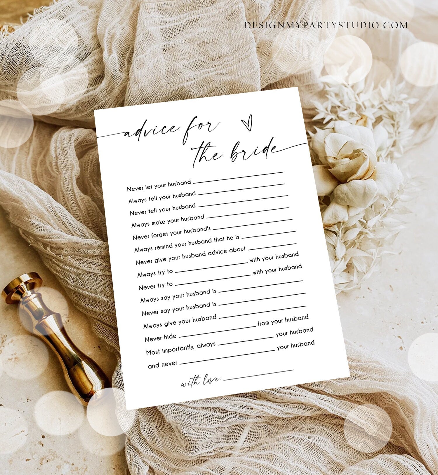 Editable Advice for the Bride Bridal Shower Game Minimalist Modern Wedding Activity Questions Corjl Template Printable 0493