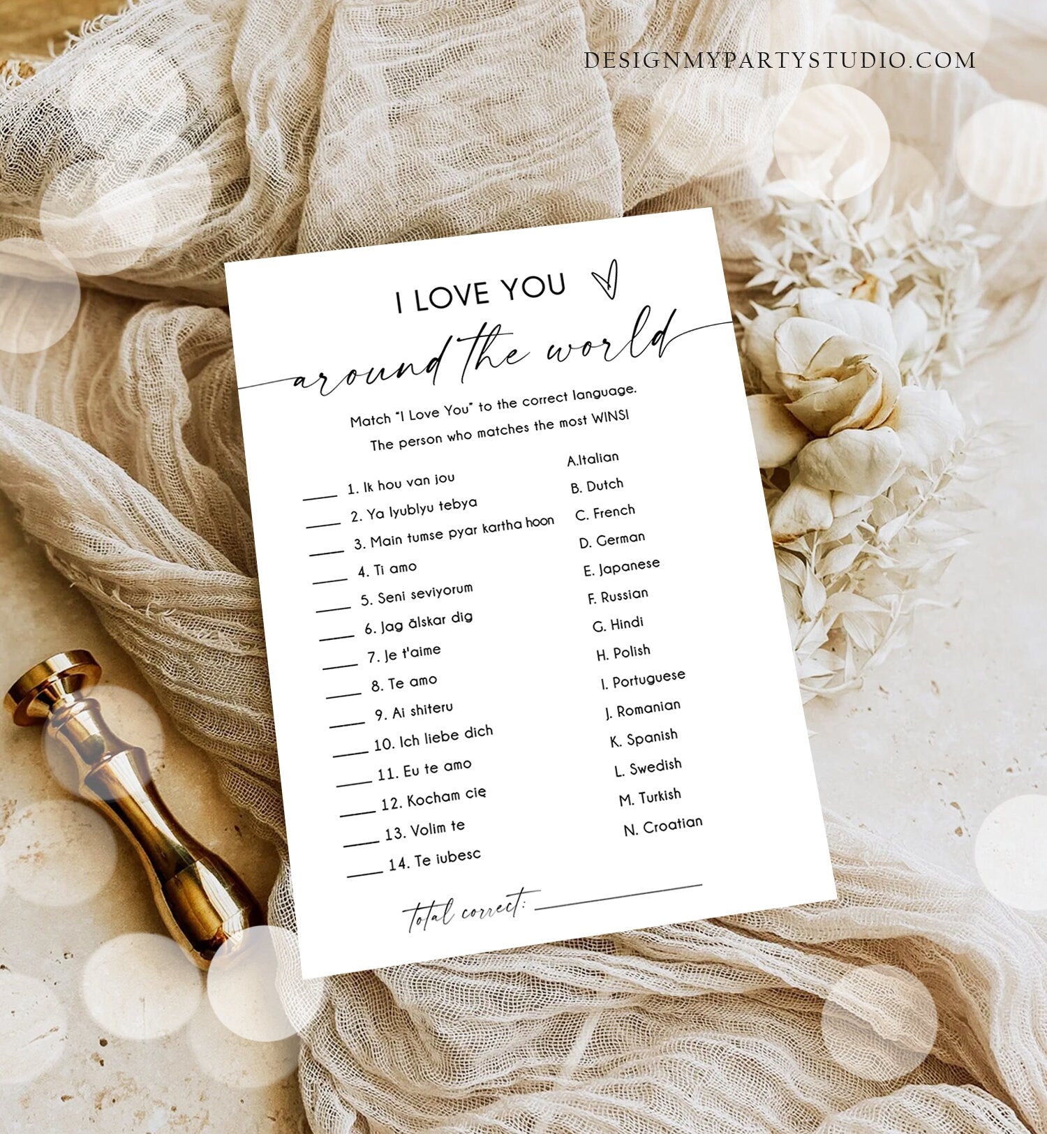 Editable I Love You Around the World Bridal Shower Game Minimalist Modern Wedding Activity Questions Corjl Template Printable 0493