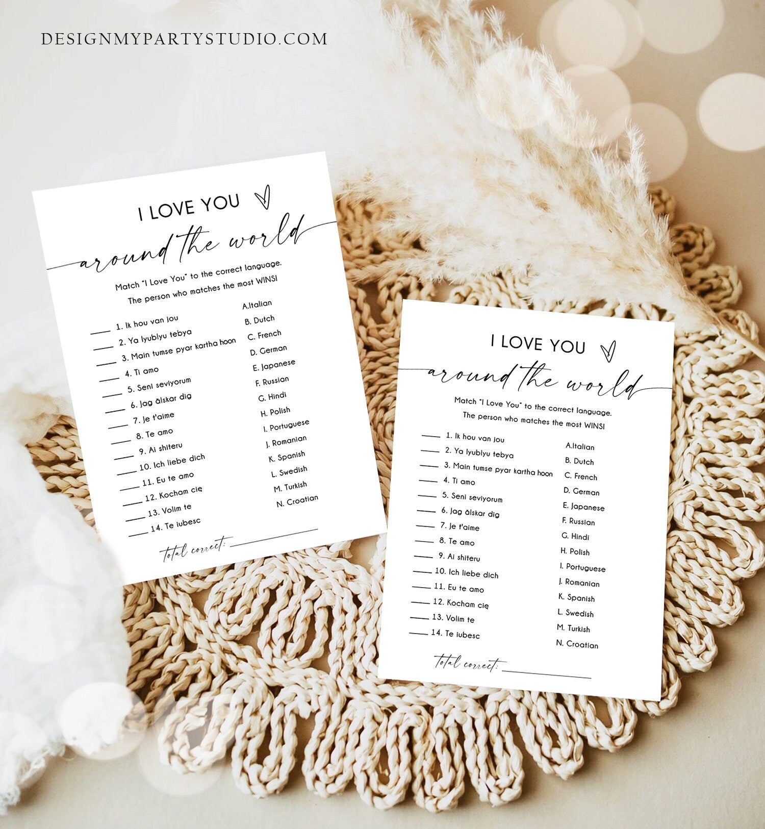 Editable I Love You Around the World Bridal Shower Game Minimalist Modern Wedding Activity Questions Corjl Template Printable 0493