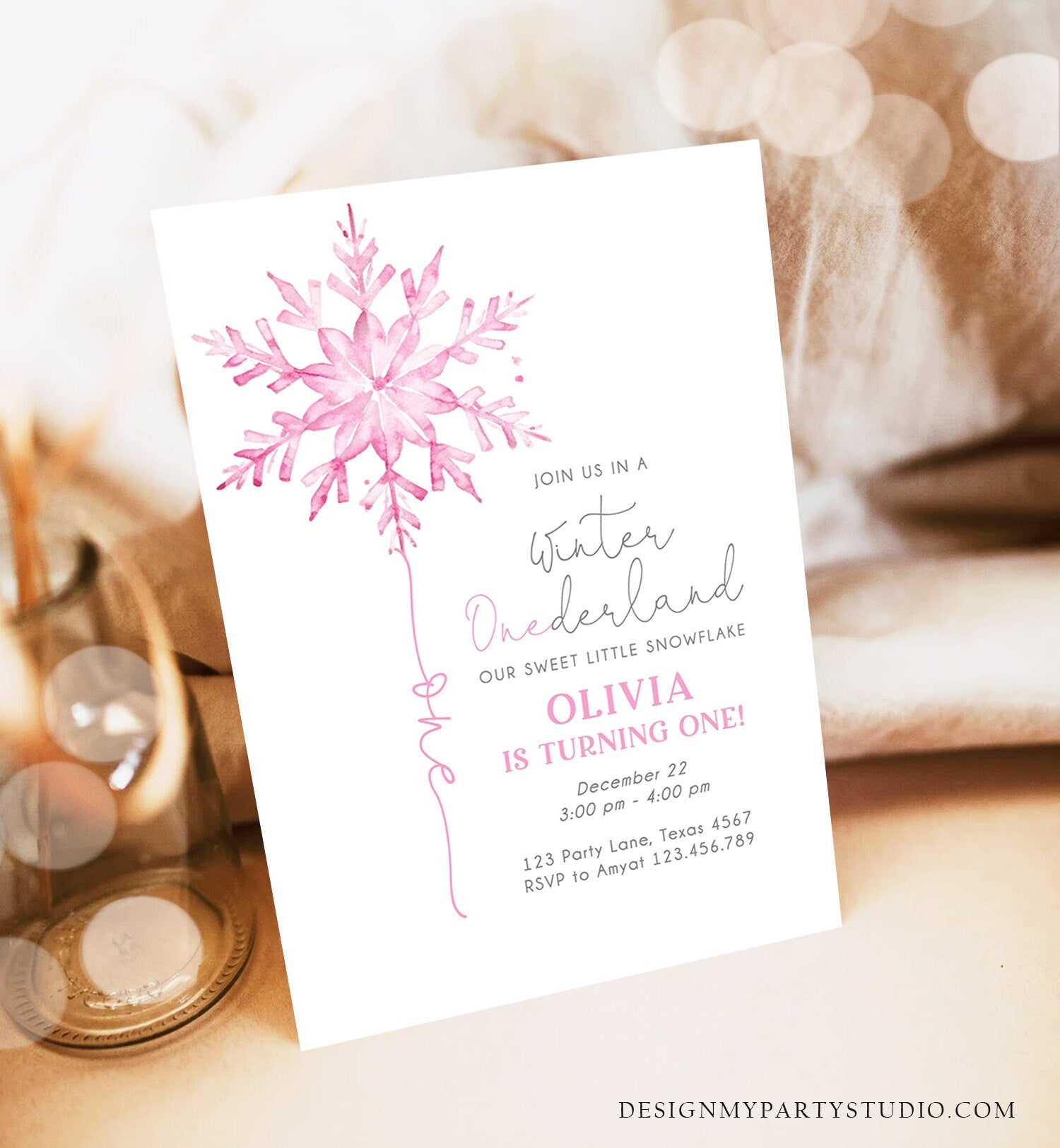 Editable Winter ONEderland Birthday Invitation First Birthday 1st Girl Pink Snowflake Watercolor Christmas Minimalist Corjl Template 0494