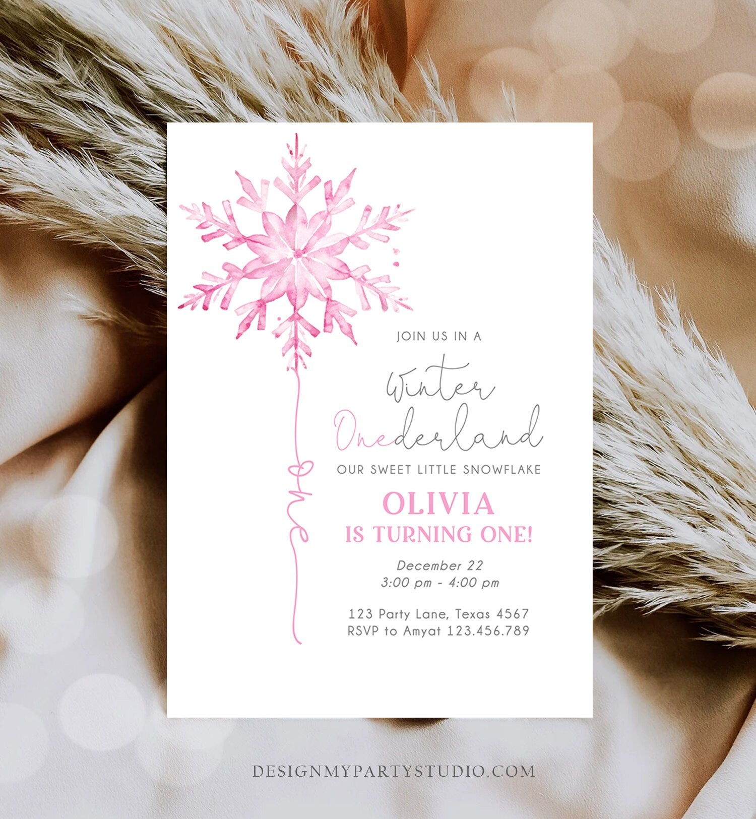 Editable Winter ONEderland Birthday Invitation First Birthday 1st Girl Pink Snowflake Watercolor Christmas Minimalist Corjl Template 0494