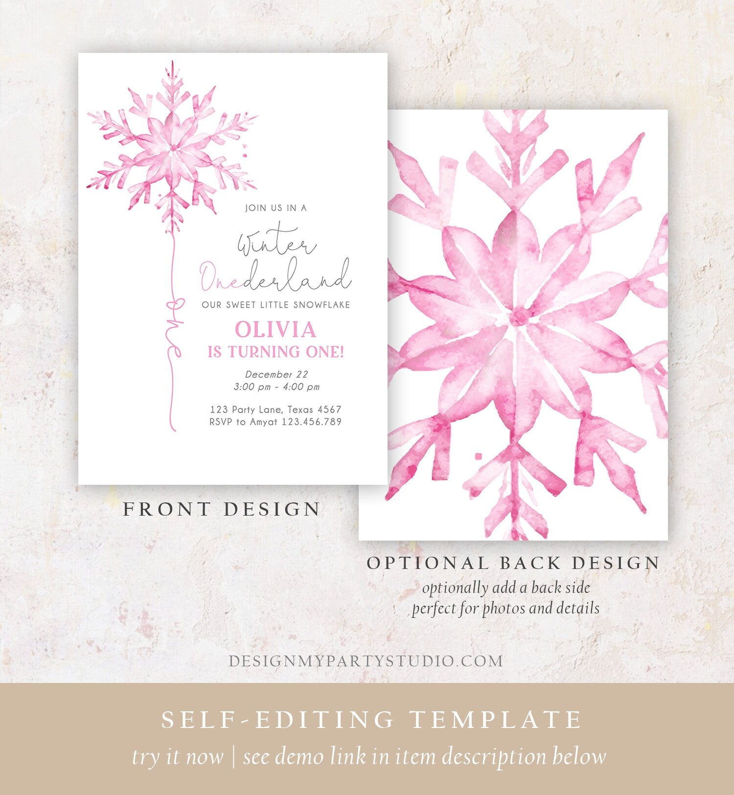 Editable Winter ONEderland Birthday Invitation First Birthday 1st Girl Pink Snowflake Watercolor Christmas Minimalist Corjl Template 0494