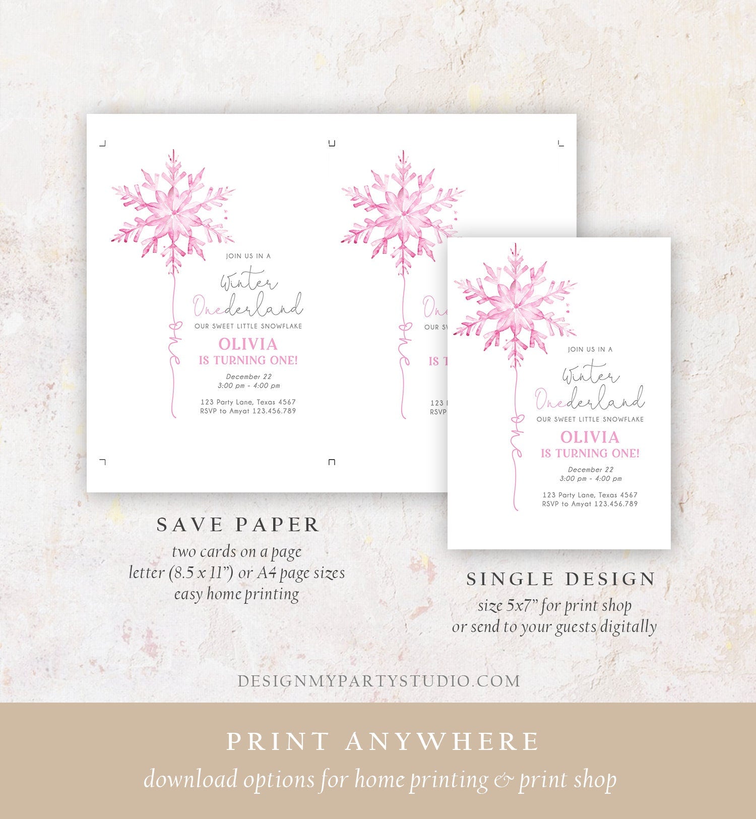 Editable Winter ONEderland Birthday Invitation First Birthday 1st Girl Pink Snowflake Watercolor Christmas Minimalist Corjl Template 0494