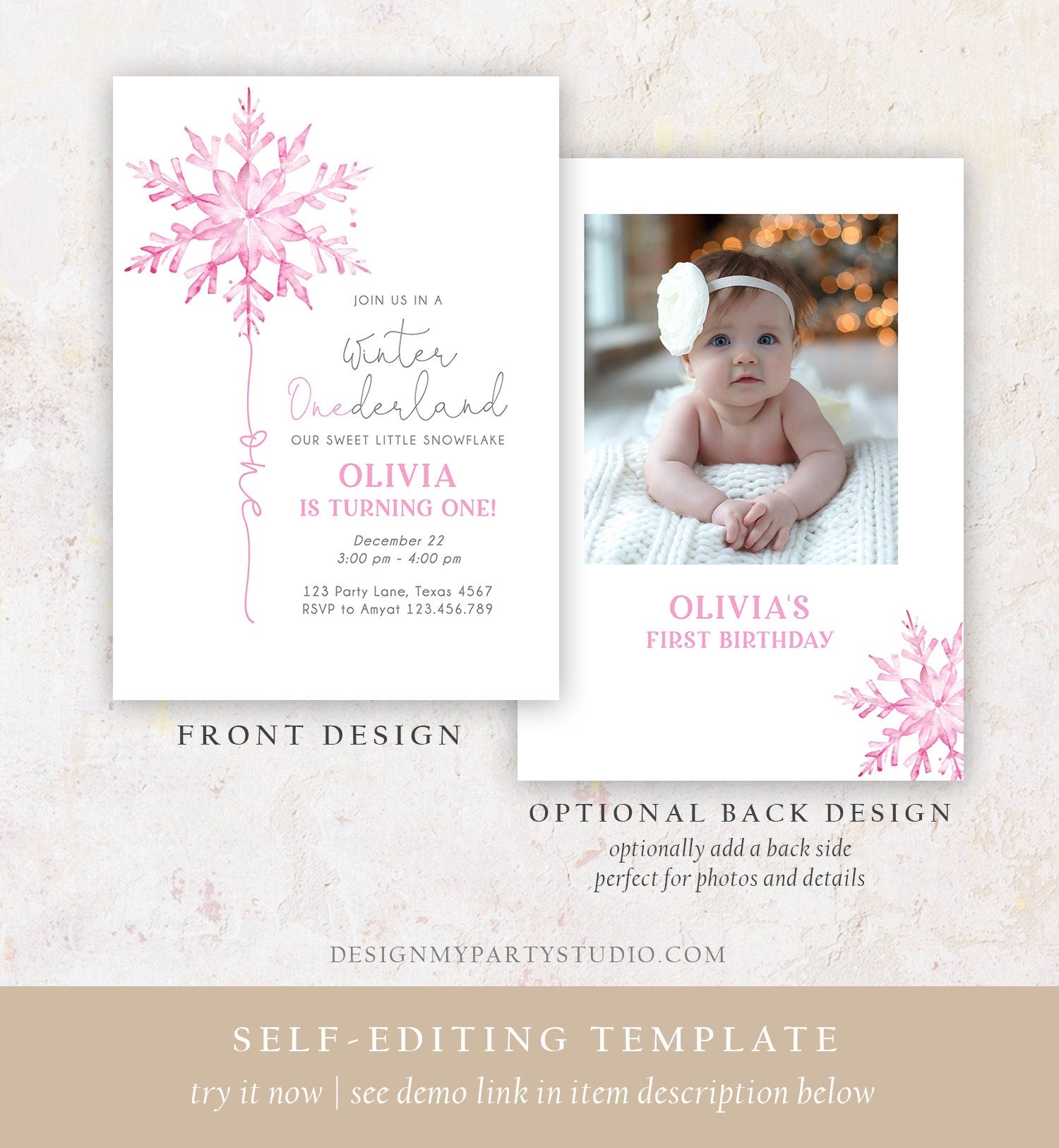 Editable Winter ONEderland Birthday Invitation First Birthday 1st Girl Pink Snowflake Watercolor Christmas Minimalist Corjl Template 0494