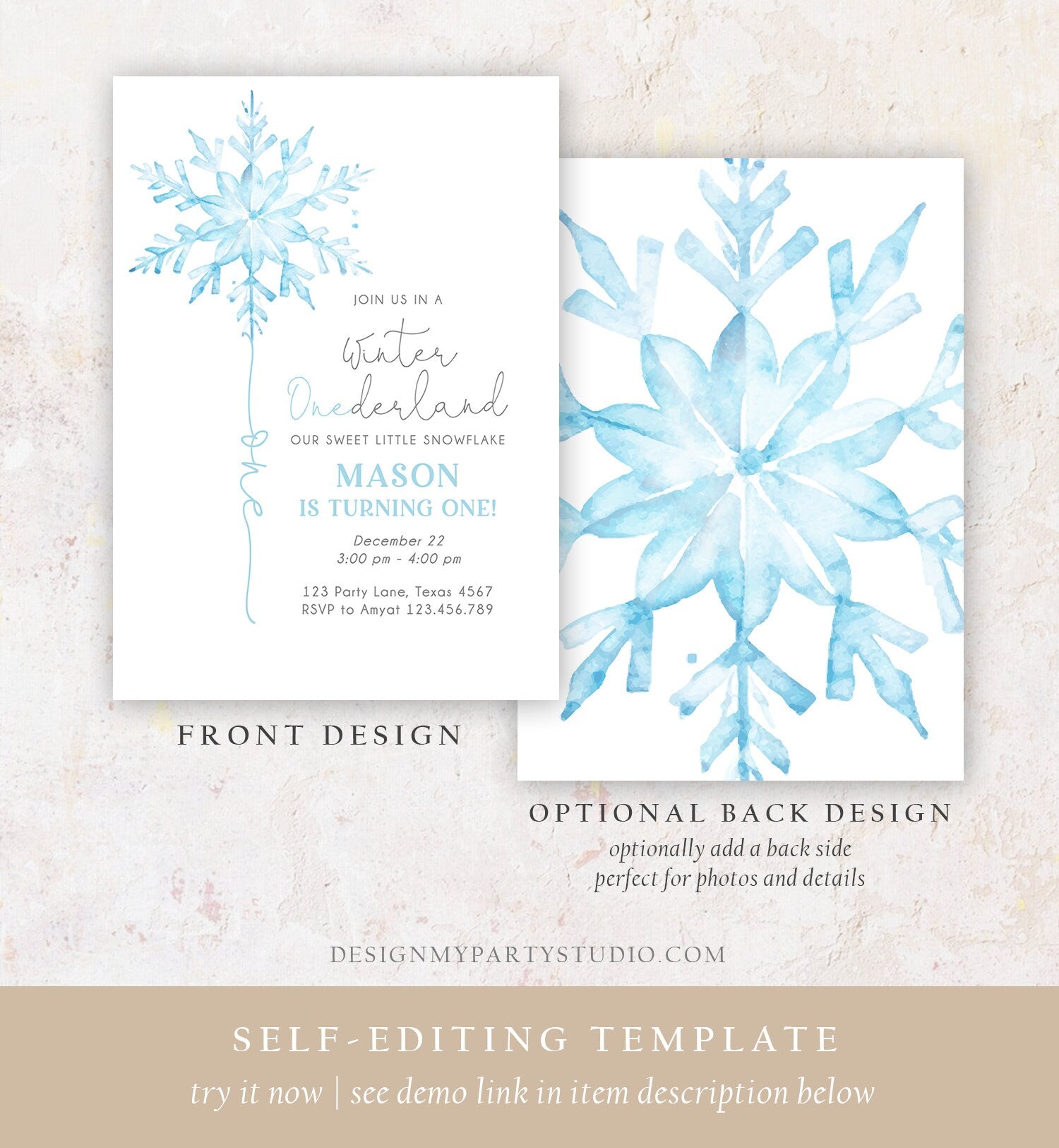 Editable Winter ONEderland Birthday Invitation First Birthday 1st Boy Blue Snowflake Watercolor Wonderland Minimalist Corjl Template 0494