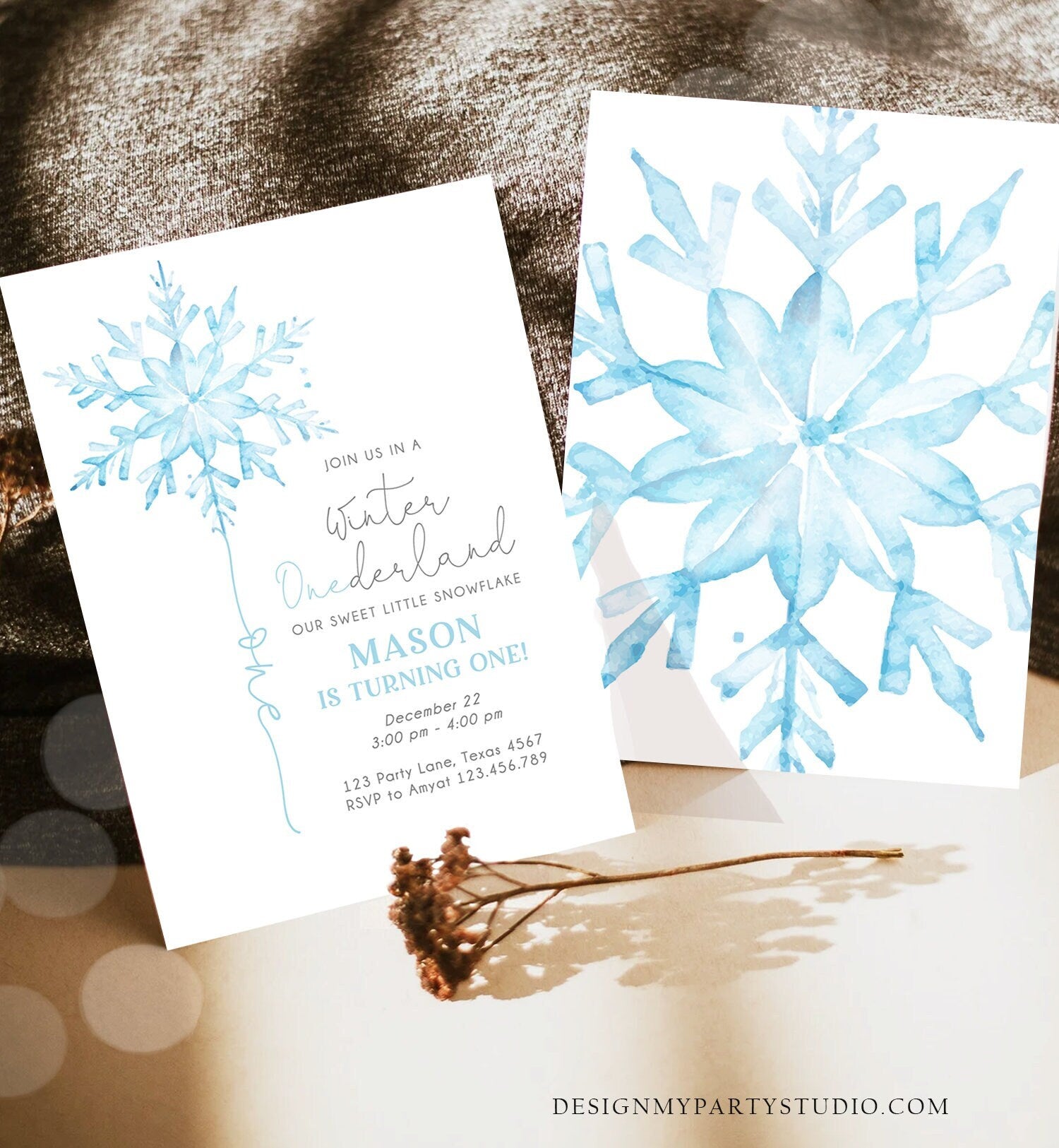 Editable Winter ONEderland Birthday Invitation First Birthday 1st Boy Blue Snowflake Watercolor Wonderland Minimalist Corjl Template 0494